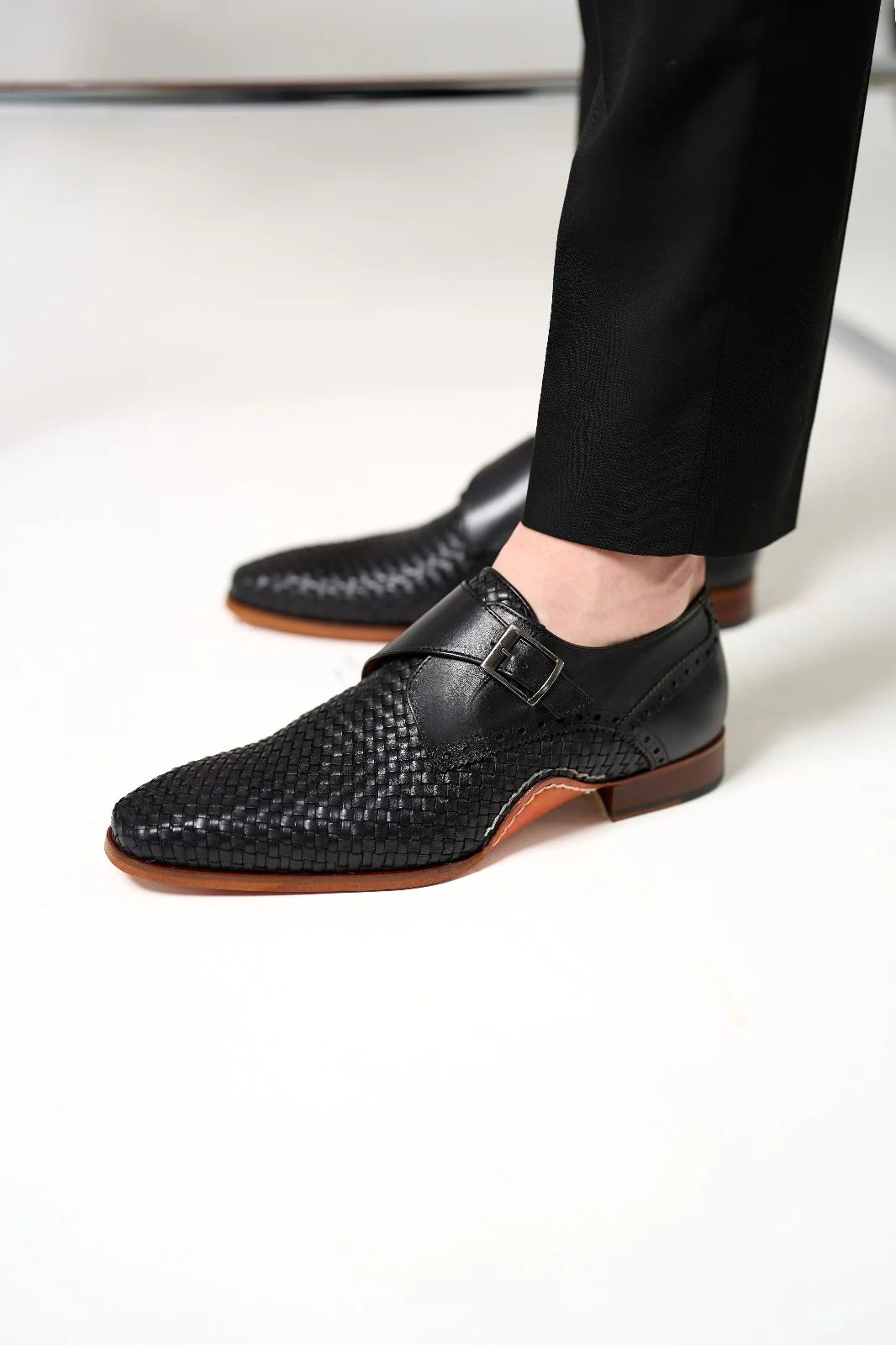 The Rolls  Woven Black Leather Single Monk Strap  Handmade Men Shoe - Image 8