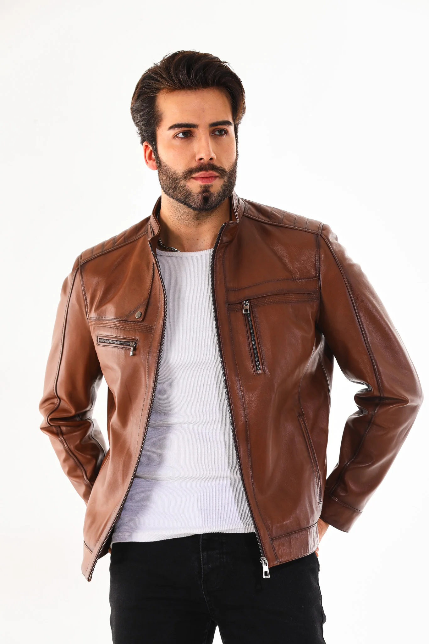 The Rossi Cognac Brown Leather Men Jacket - Image 2