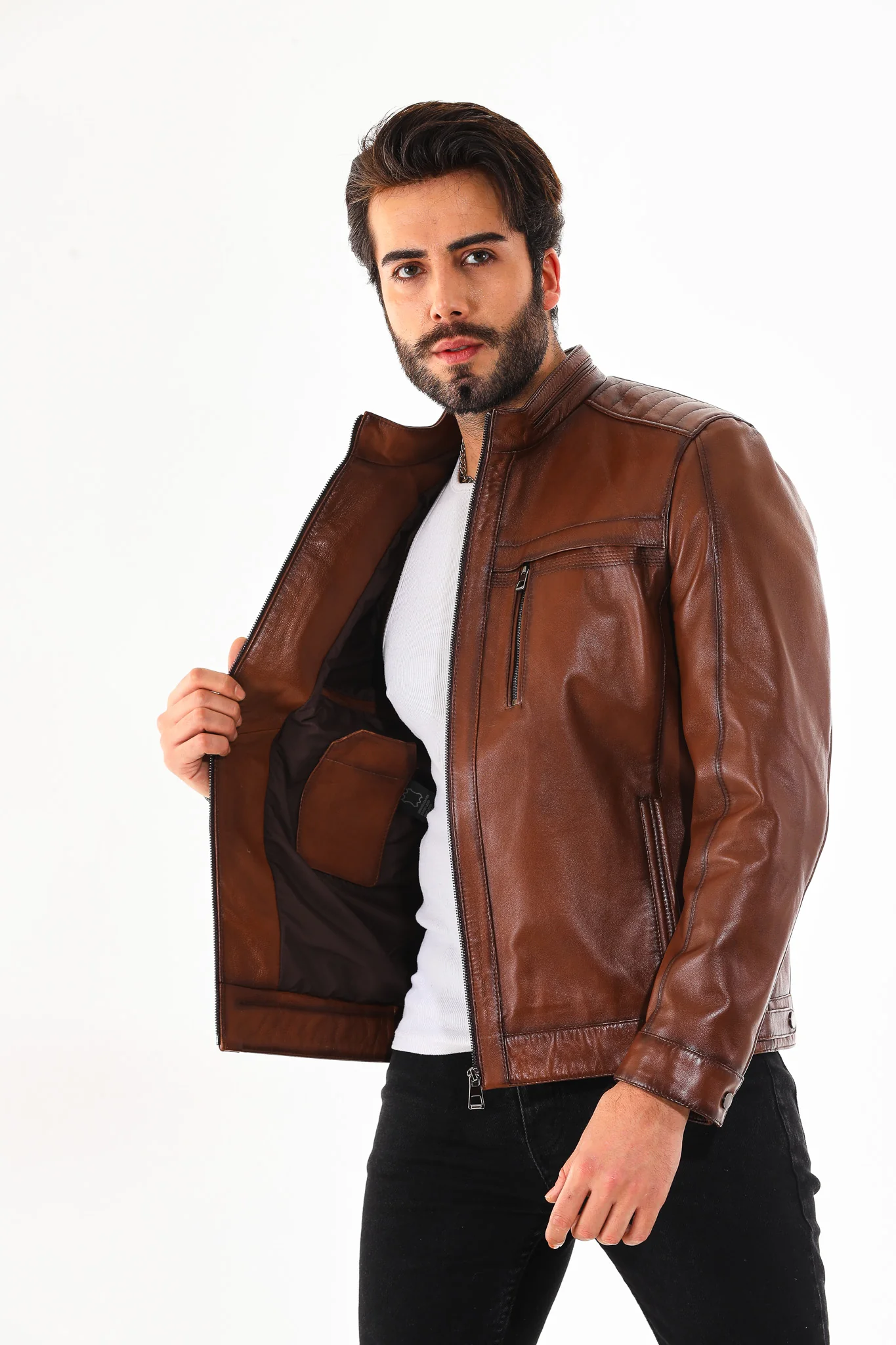 The Rossi Cognac Brown Leather Men Jacket - Image 6