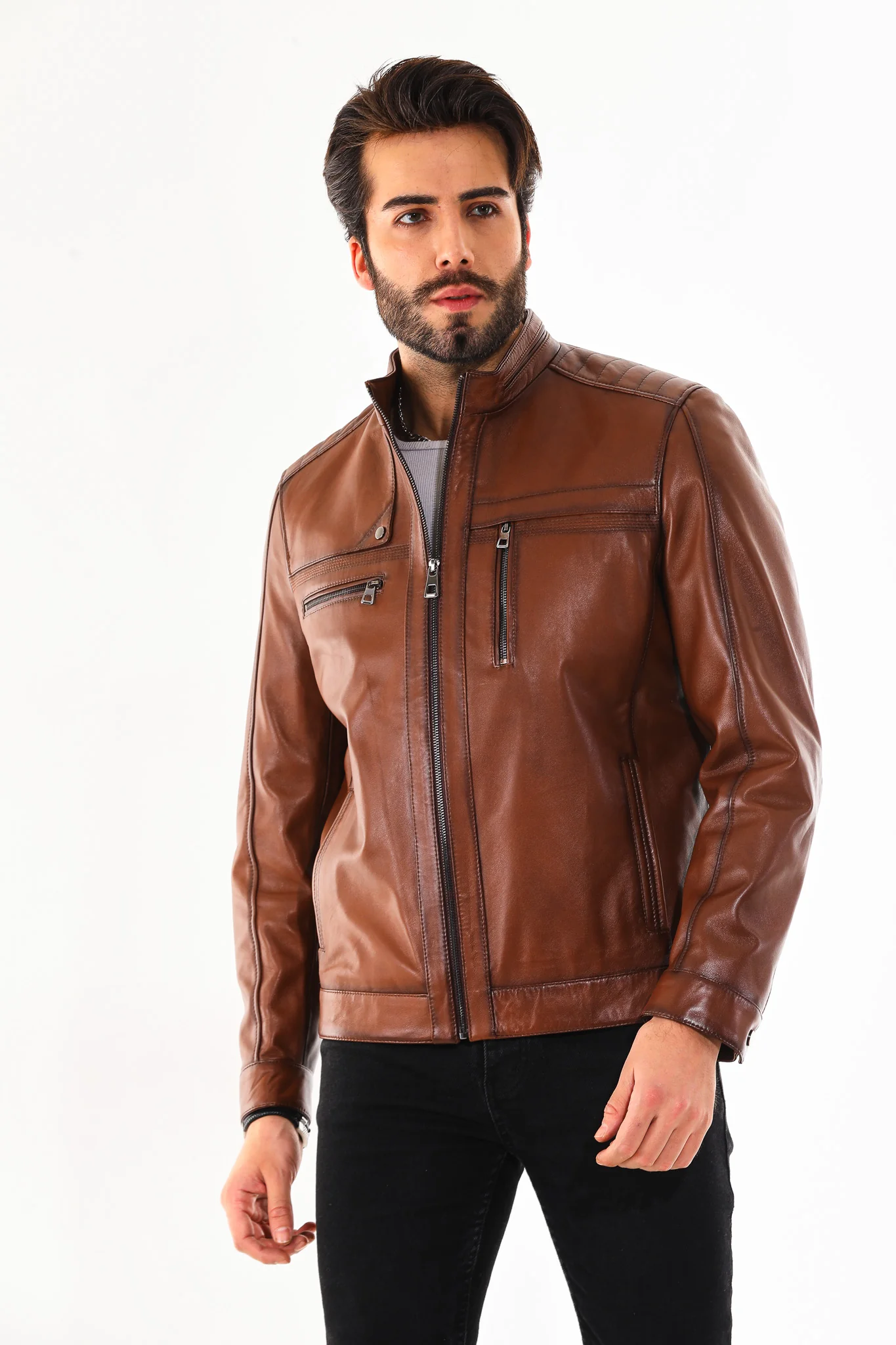 The Rossi Cognac Brown Leather Men Jacket - Image 8