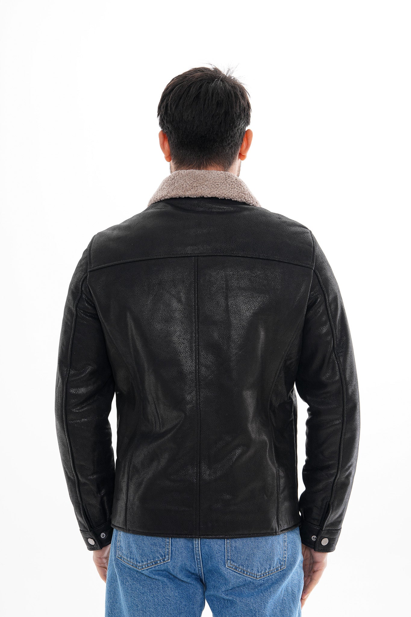 The Sarnico Black Shearling Collar Leather Jacket - Image 3