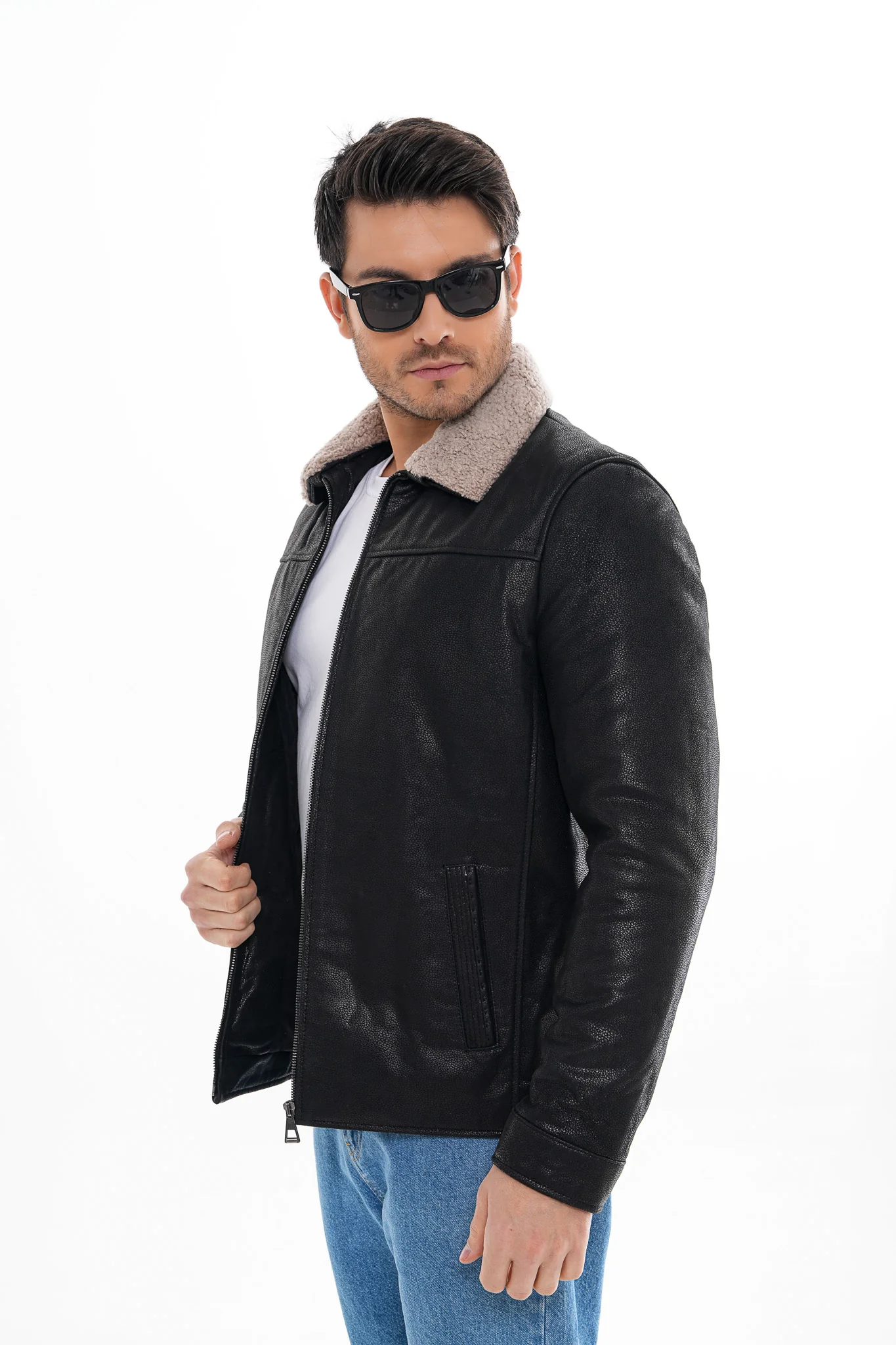 The Sarnico Black Shearling Collar Leather Jacket - Image 7