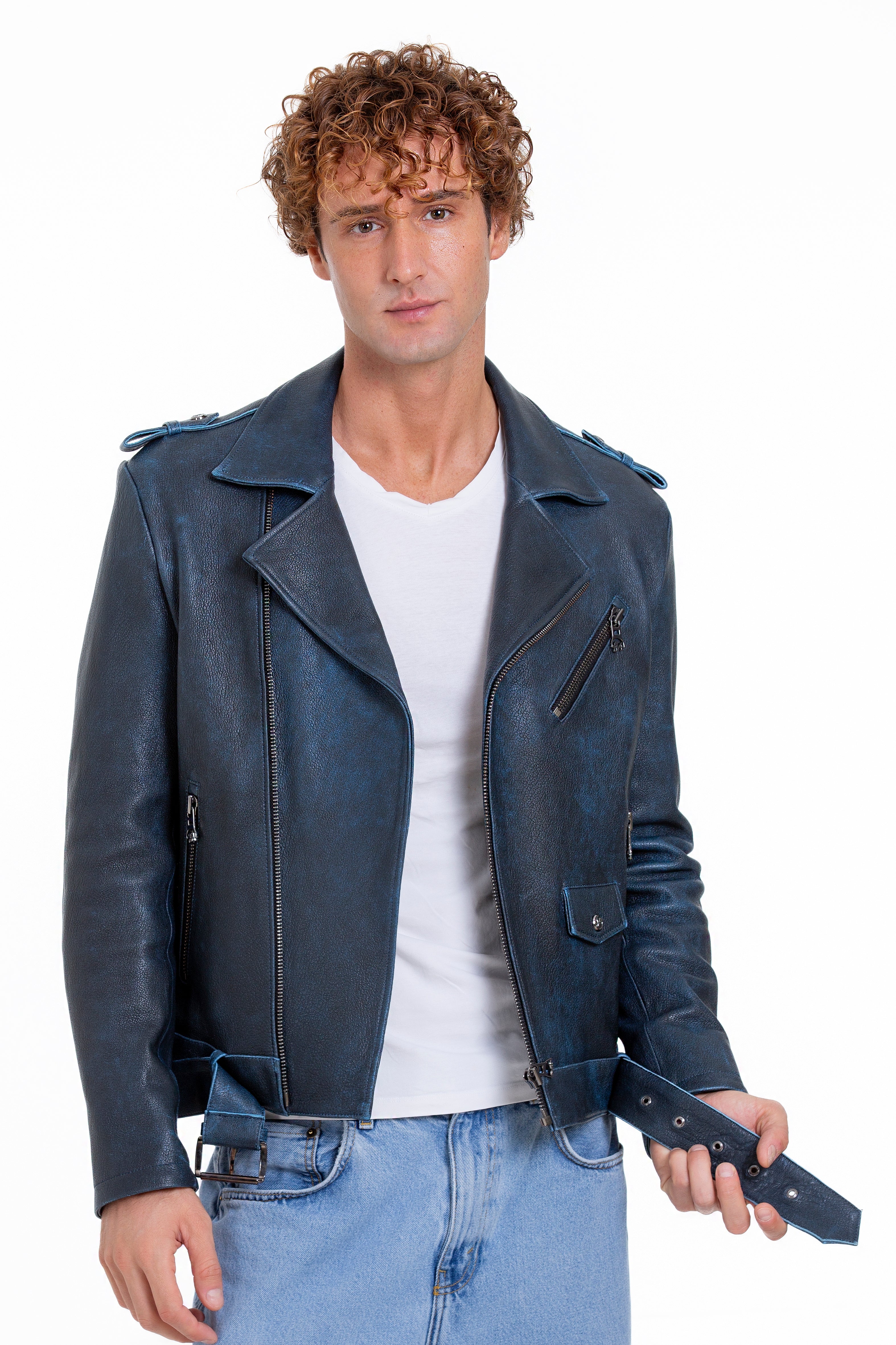The Shanghai Blue Aged Leather Biker Men Jacket - Image 2