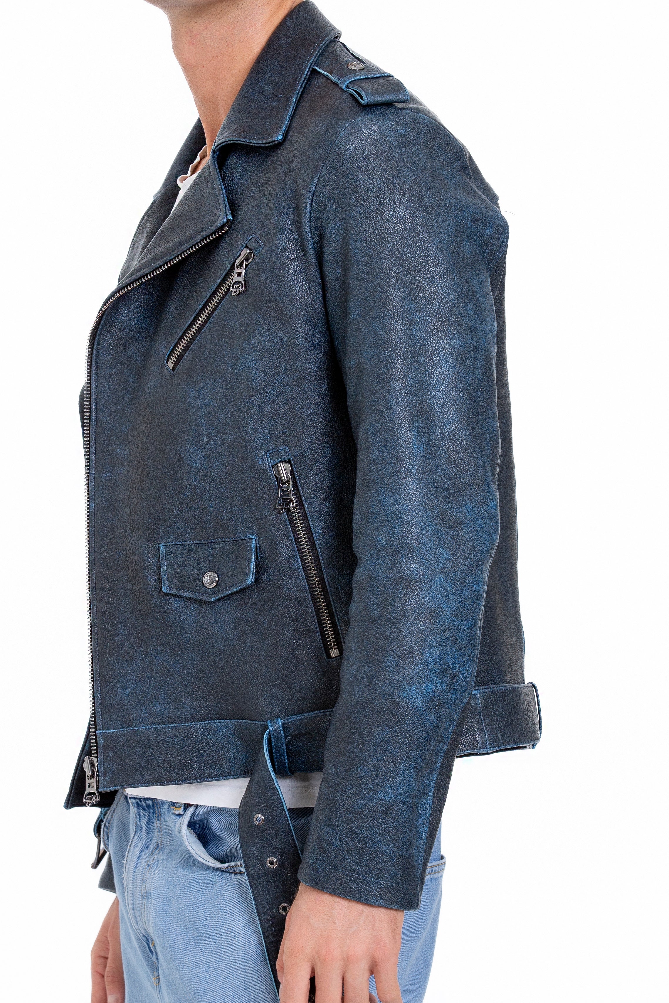 The Shanghai Blue Aged Leather Biker Men Jacket - Image 4