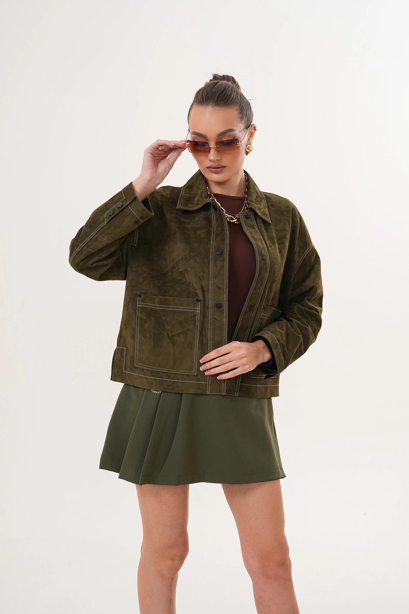 The Solviera Reversible Olive Suede Leather Jacket - Image 10