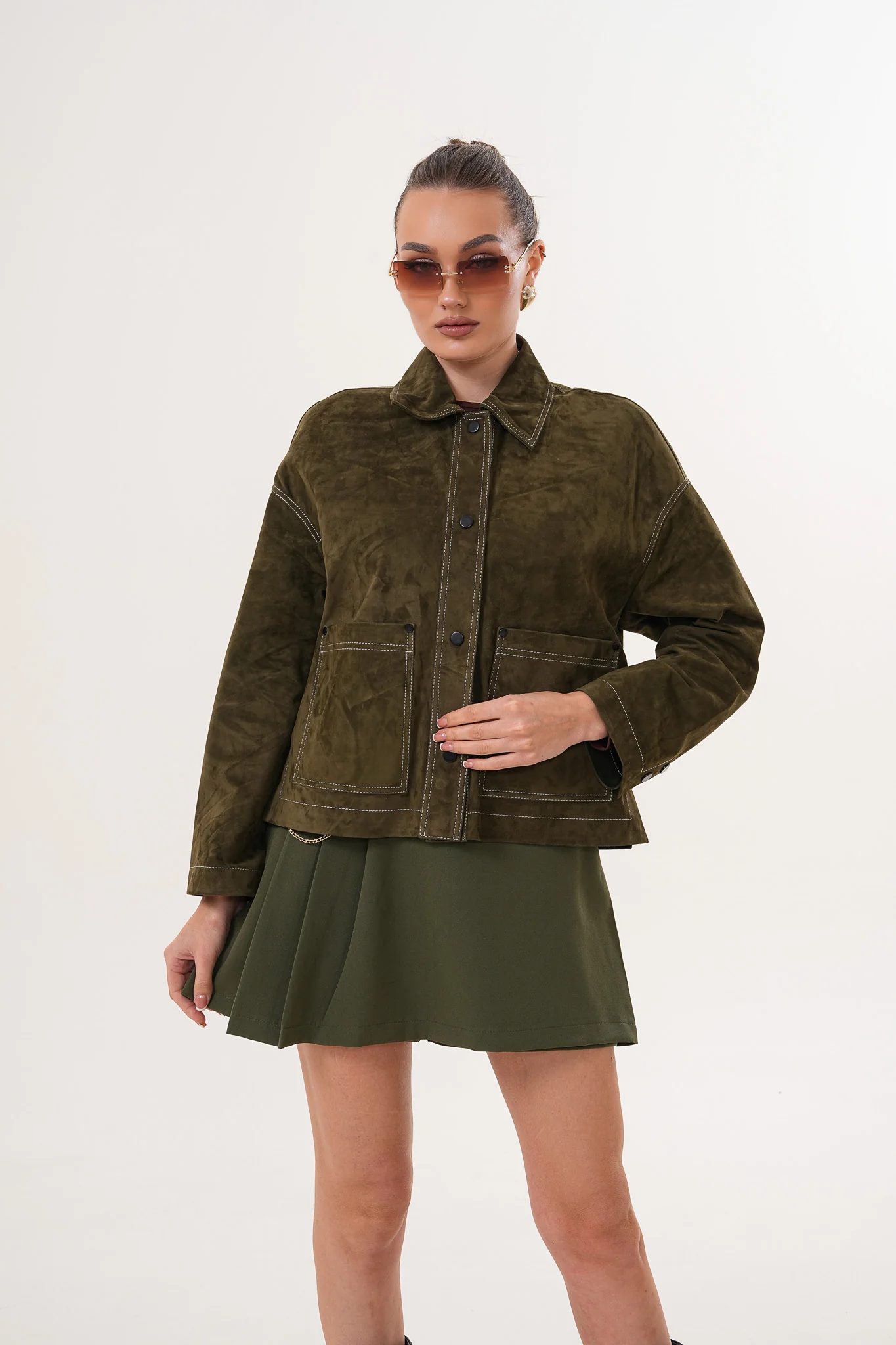 The Solviera Reversible Olive Suede Leather Jacket - Image 11