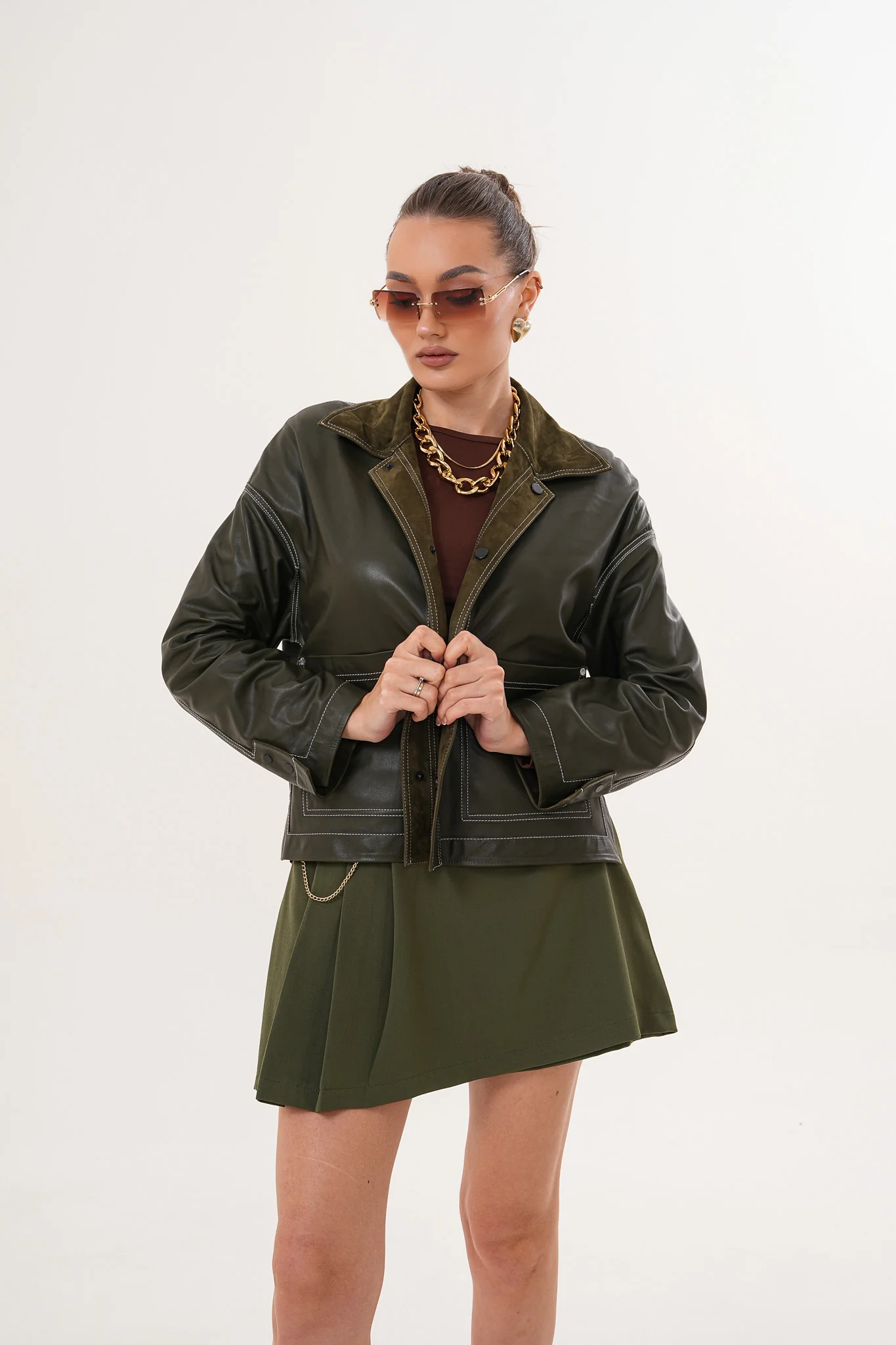 The Solviera Reversible Olive Suede Leather Jacket - Image 13