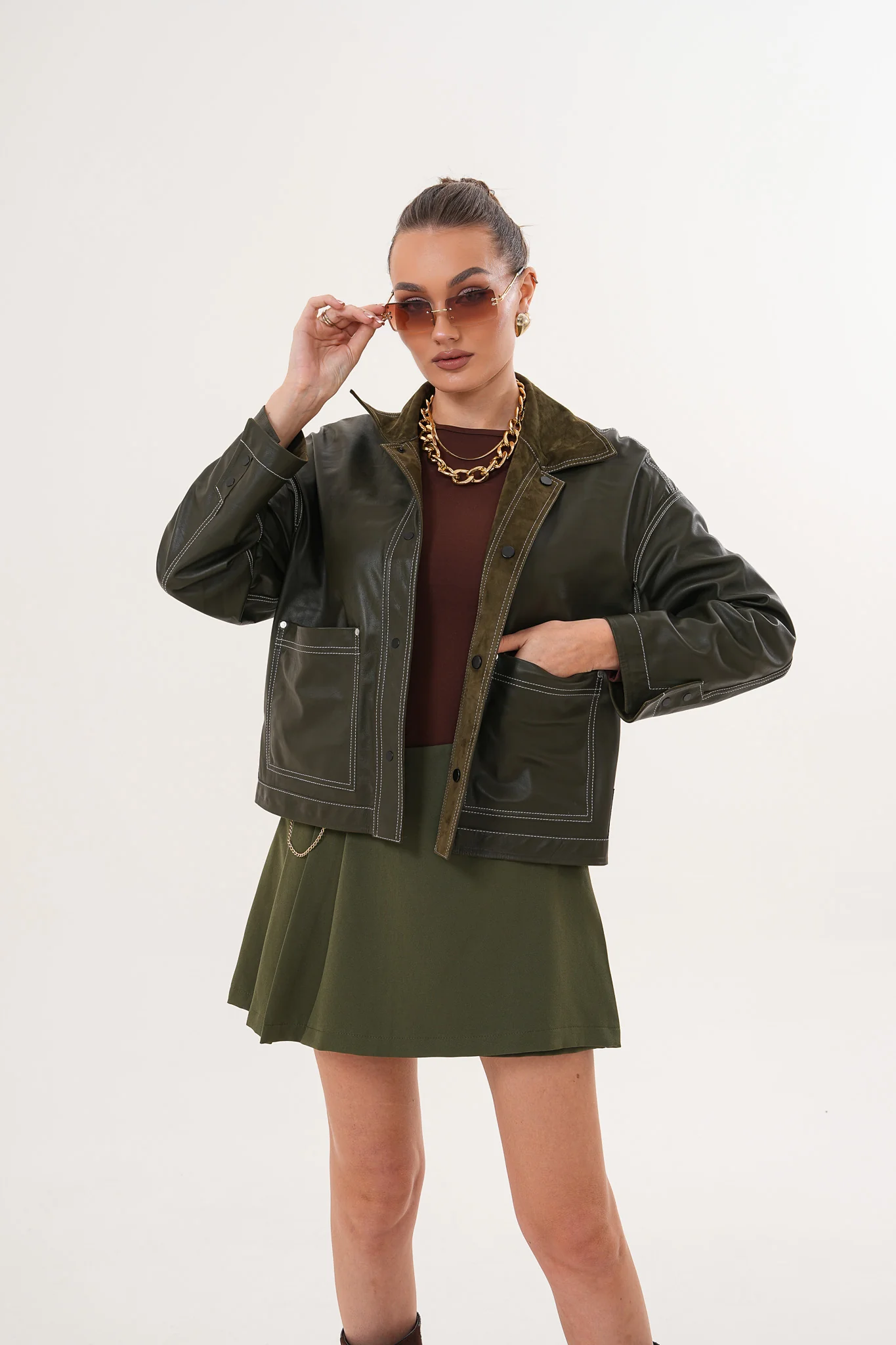 The Solviera Reversible Olive Suede Leather Jacket - Image 14