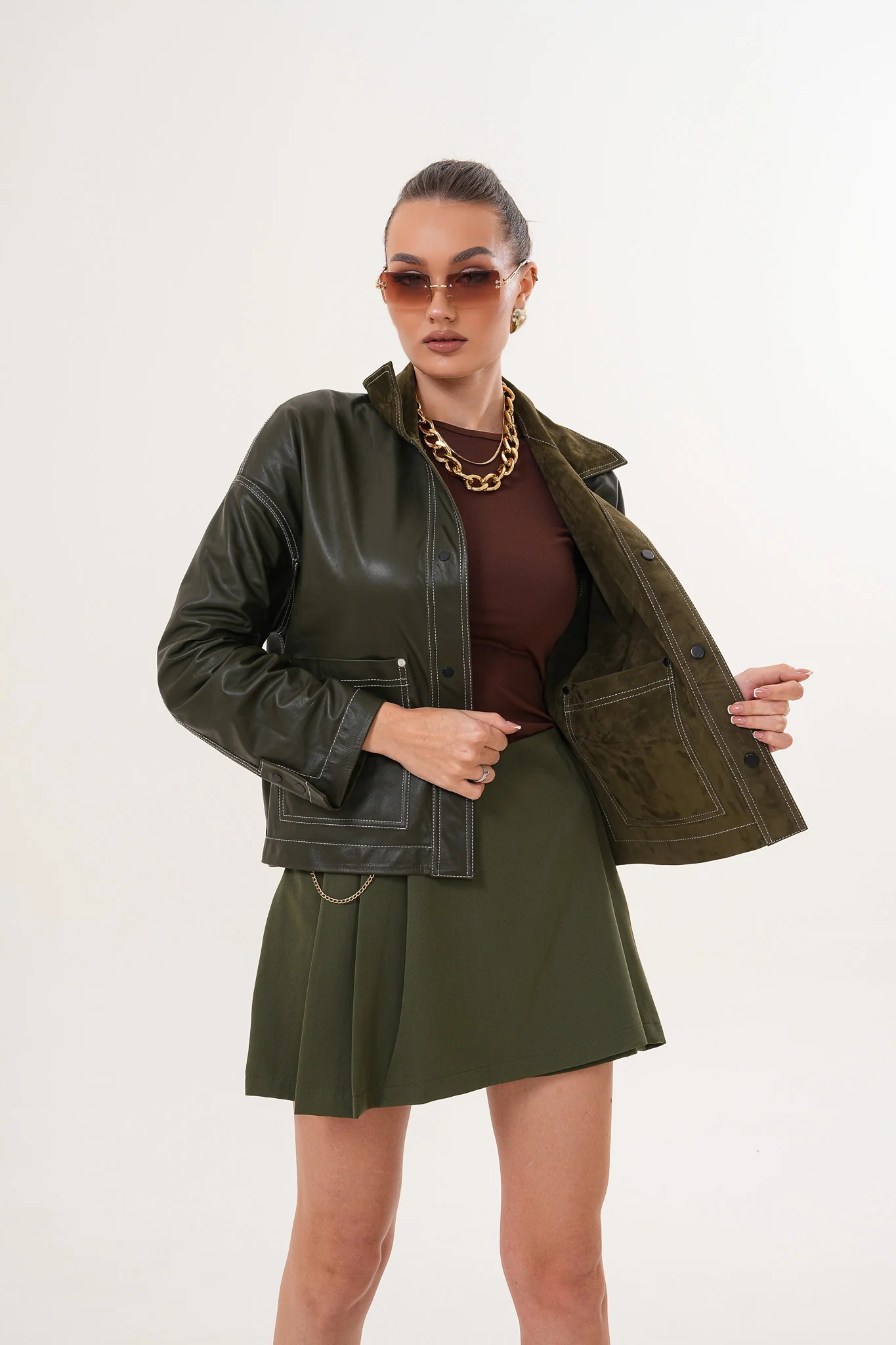 The Solviera Reversible Olive Suede Leather Jacket - Image 2