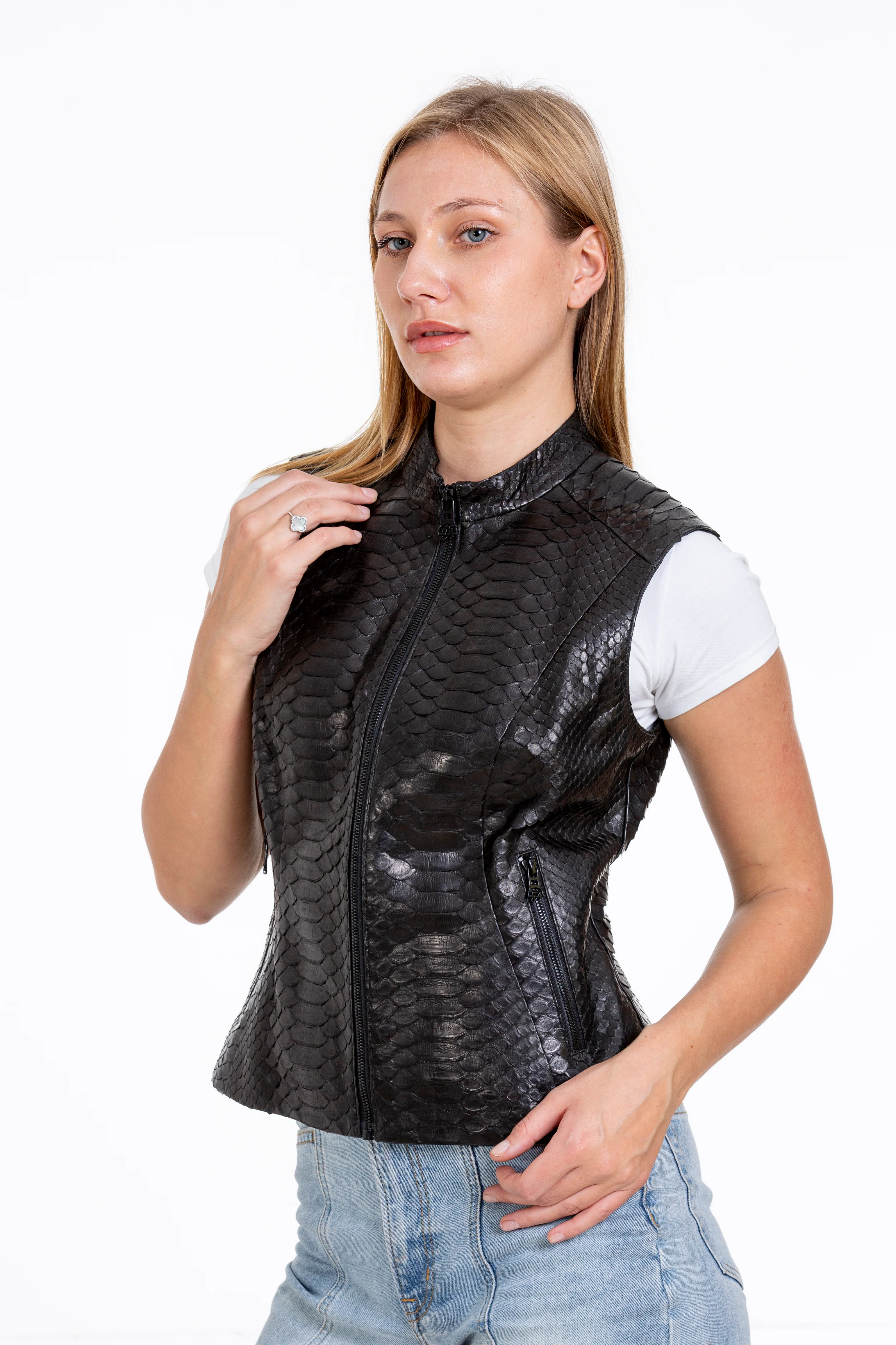 The Strasbourg Pythn Skin Leather Black Zip-Up Vest Women Jacket - Image 3