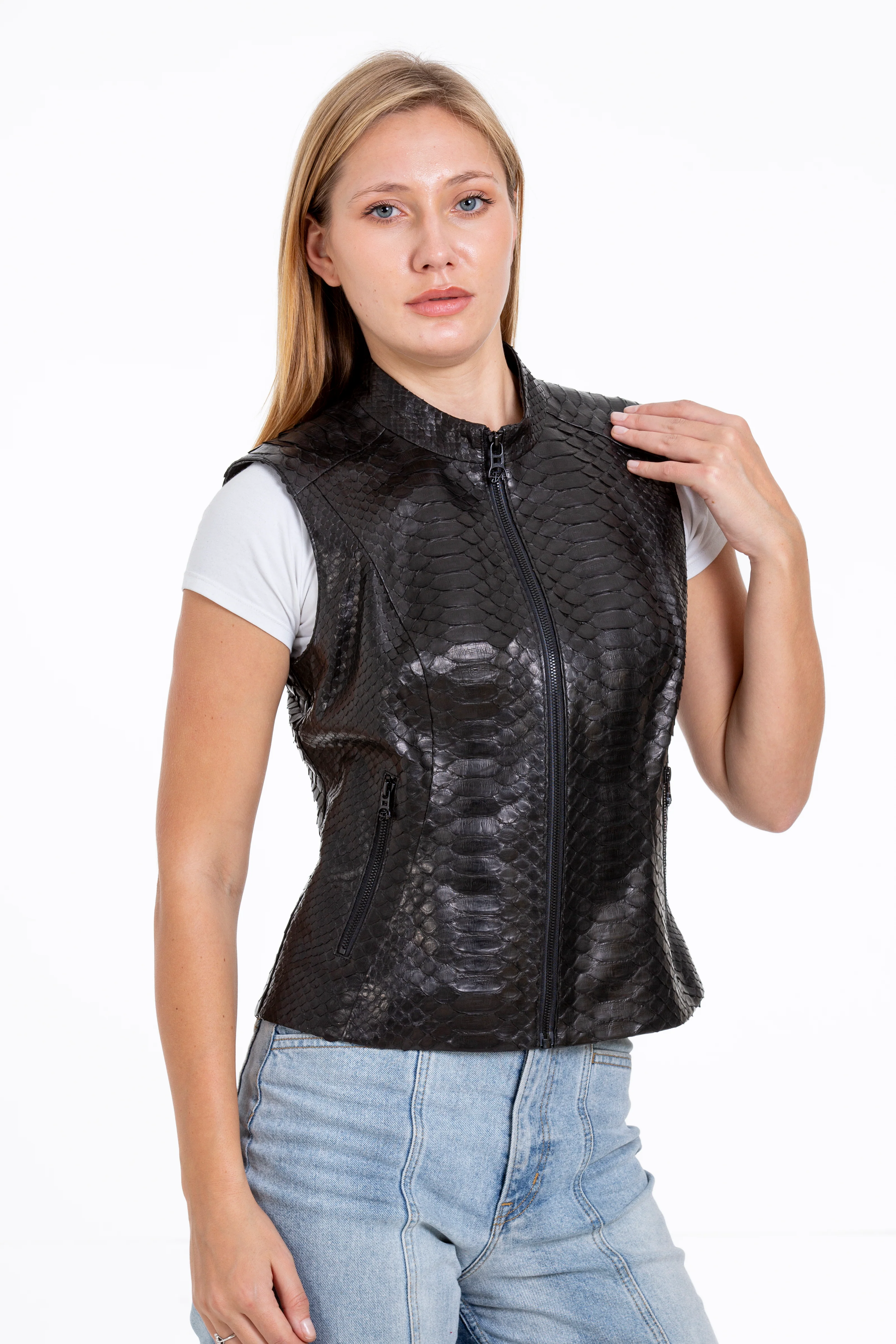 The Strasbourg Pythn Skin Leather Black Zip-Up Vest Women Jacket - Image 4