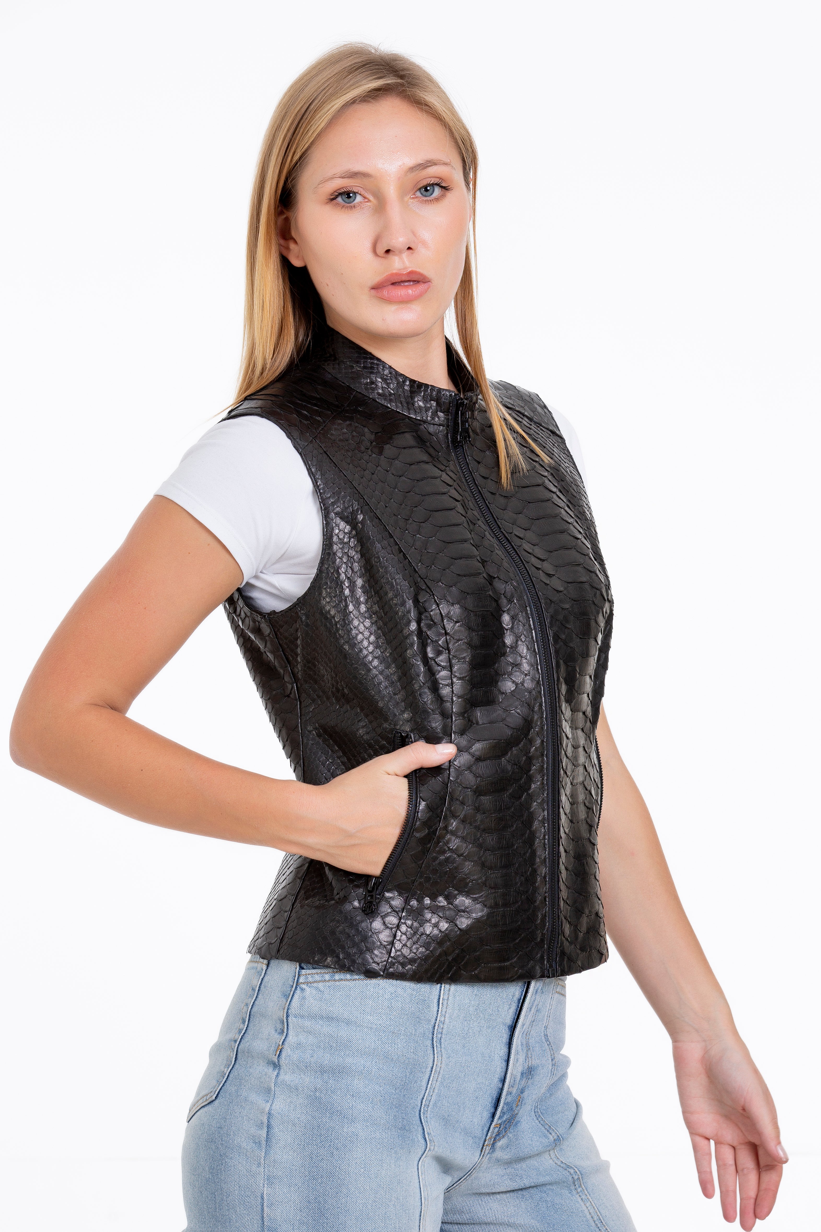 The Strasbourg Pythn Skin Leather Black Zip-Up Vest Women Jacket - Image 5