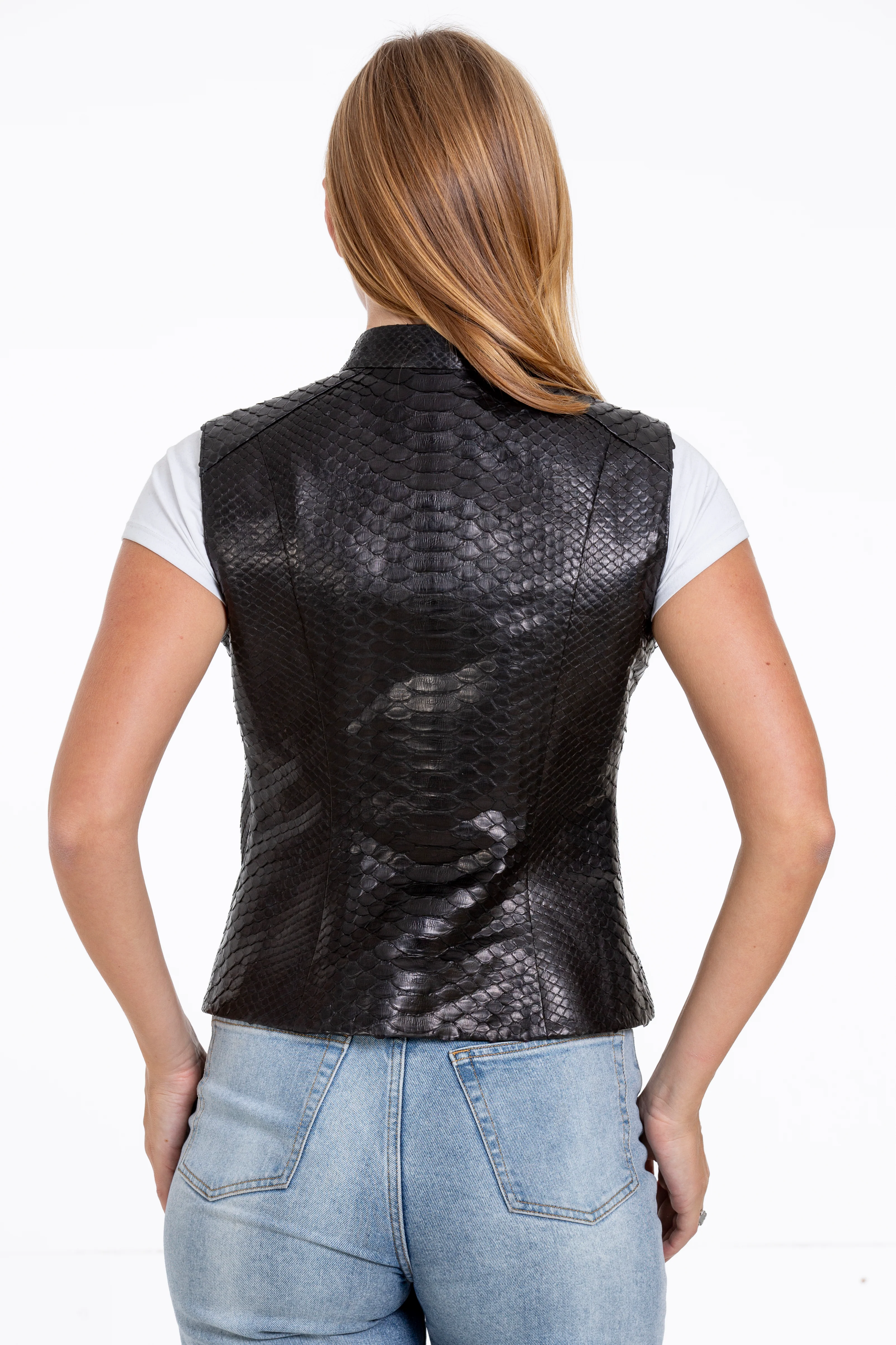 The Strasbourg Pythn Skin Leather Black Zip-Up Vest Women Jacket - Image 6