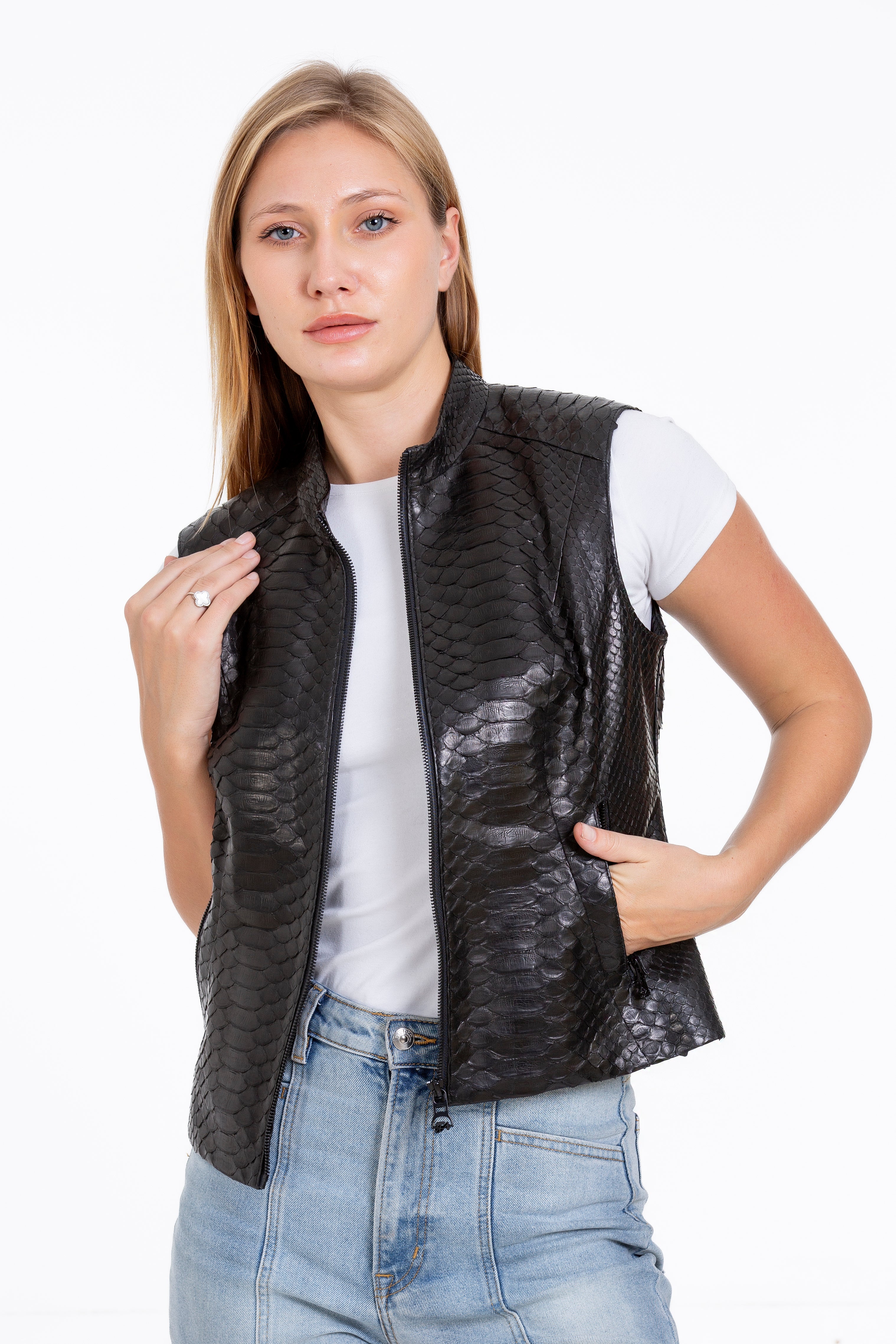 The Strasbourg Pythn Skin Leather Black Zip-Up Vest Women Jacket - Image 7