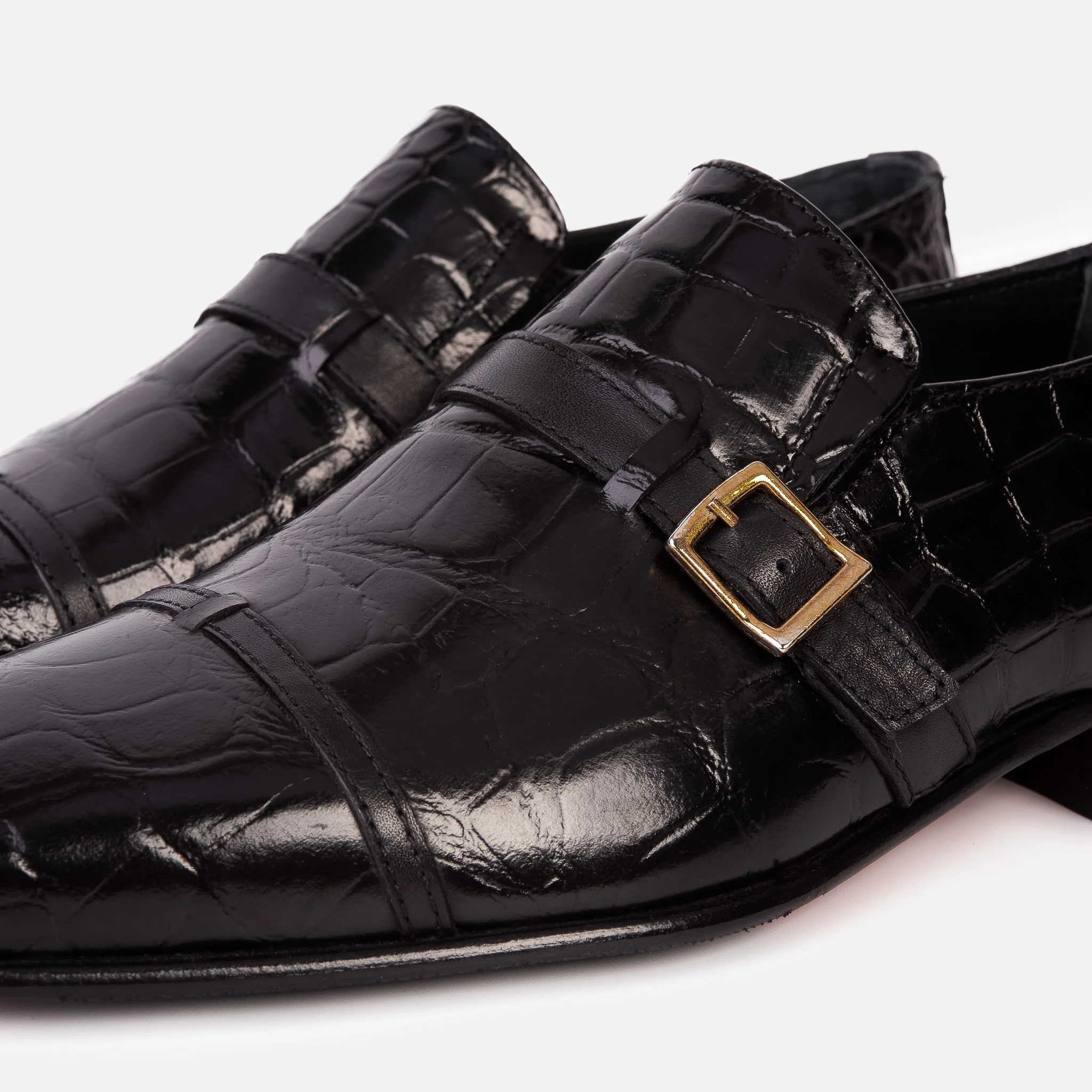 The Strat Single Monk Strap Cap Toe Black Leather Handmade Men Shoe - Image 4