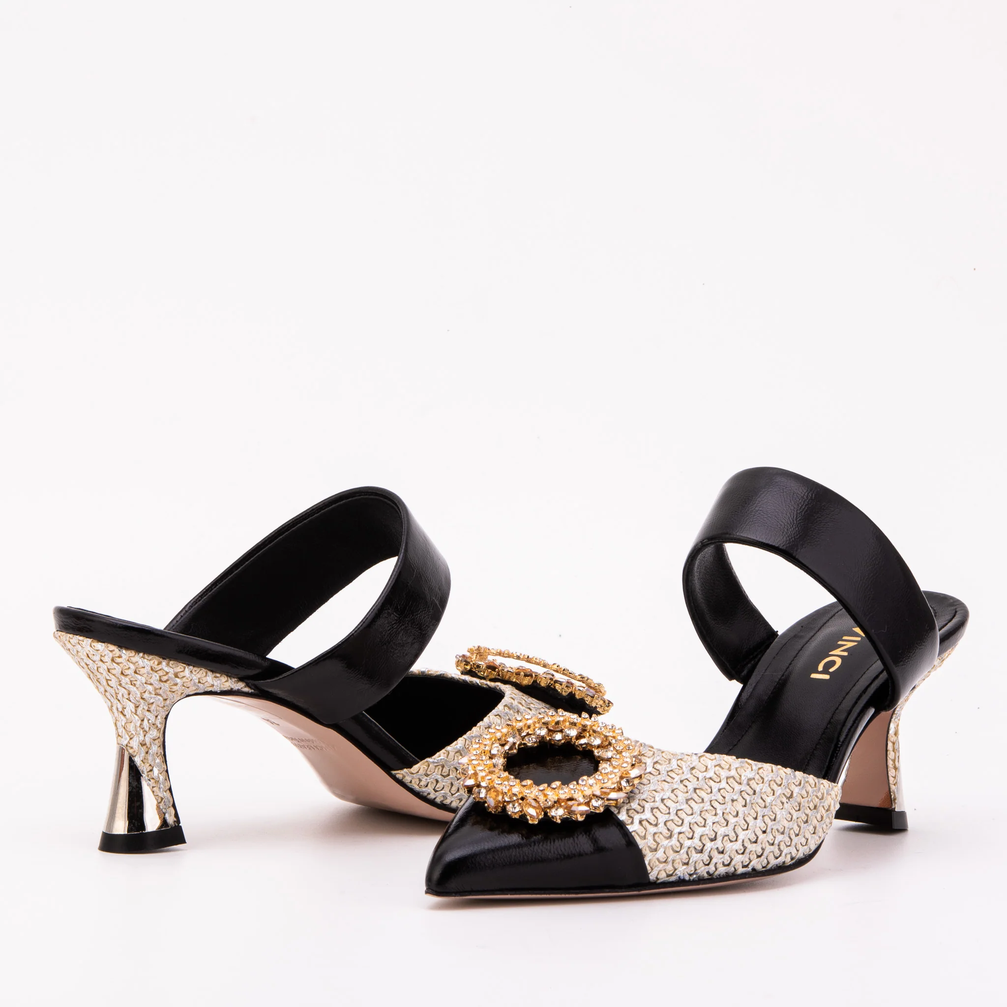 The Valencia Black & Cream Jewel Heel Women's Mule Sandal - Image 5