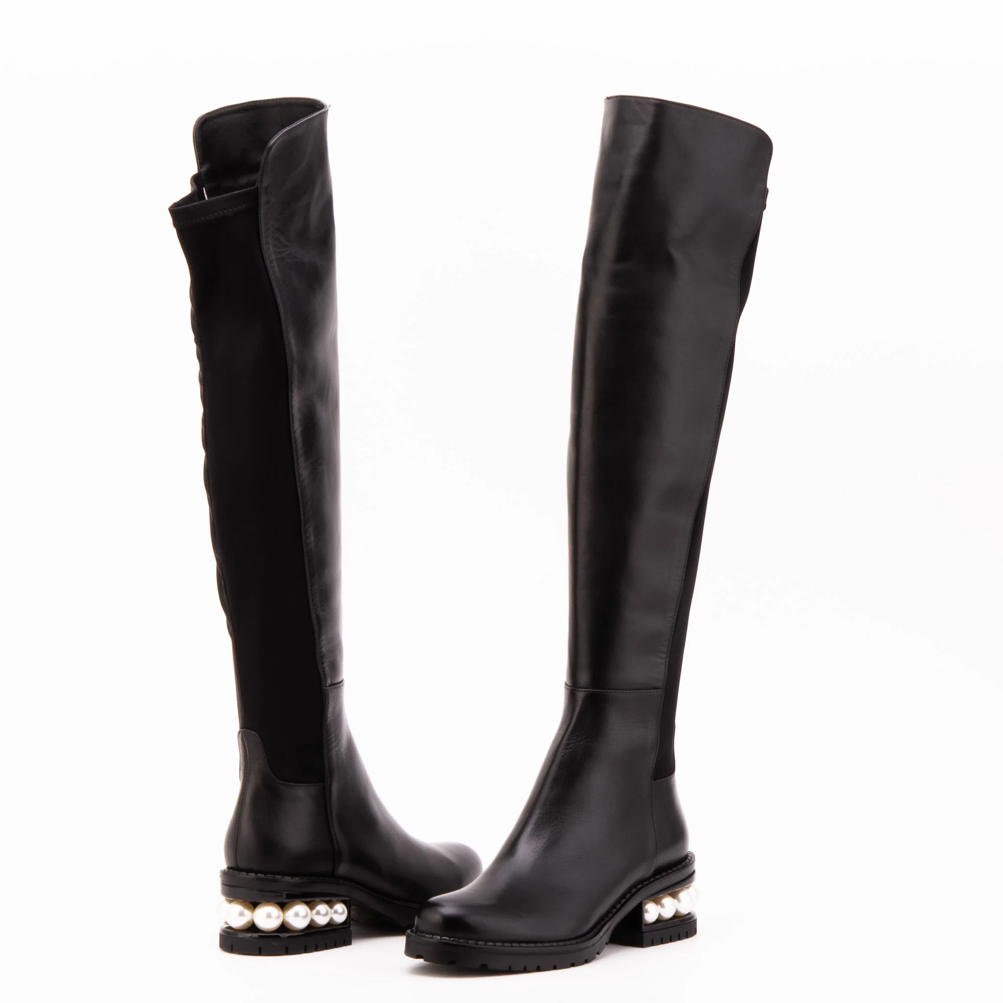The Valeria Pearl Heel Knee-High Women Black Leather Boot - Image 6