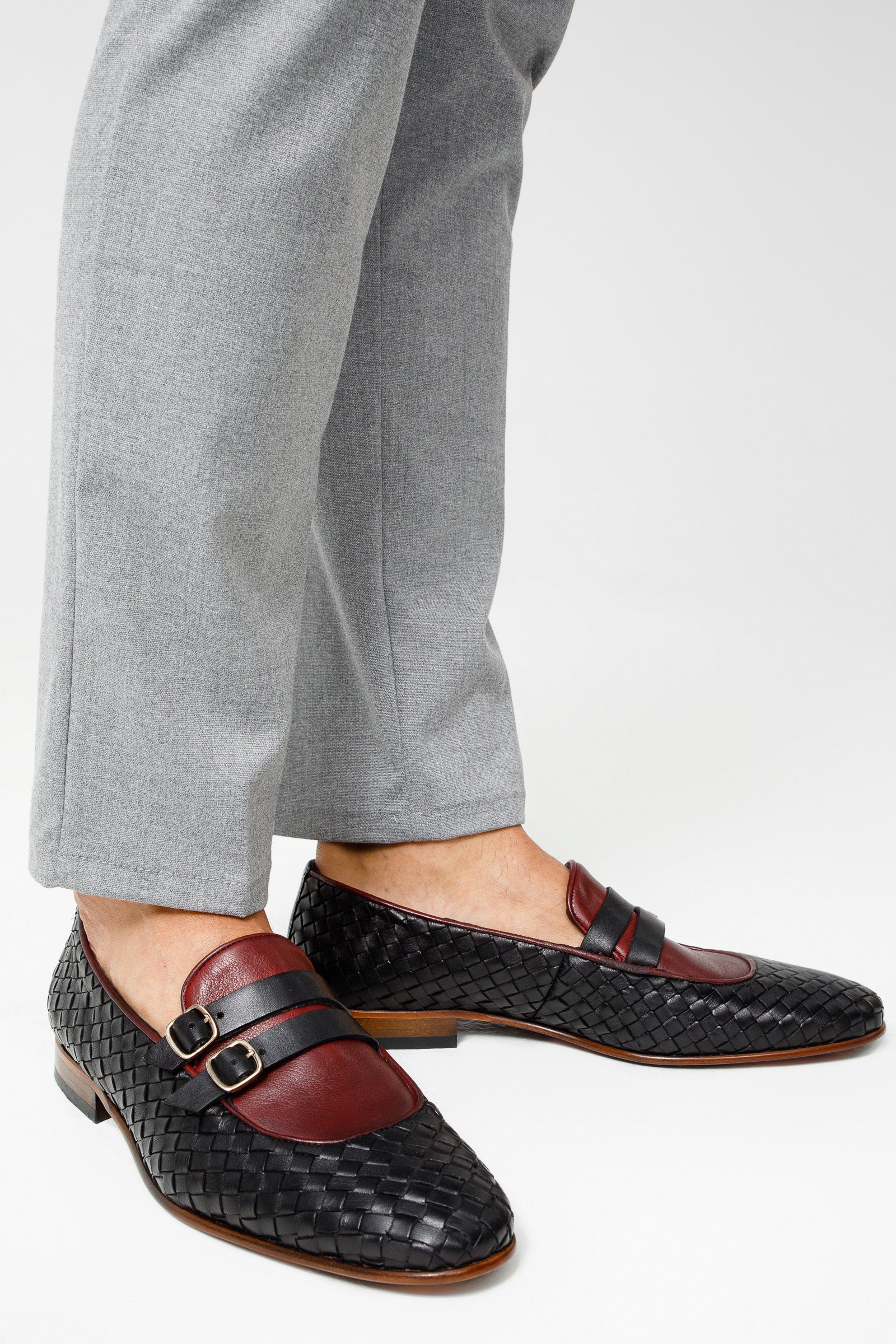 The Vatra Black & Burgundy Woven Double Monk Strap Men Shoe - Image 10