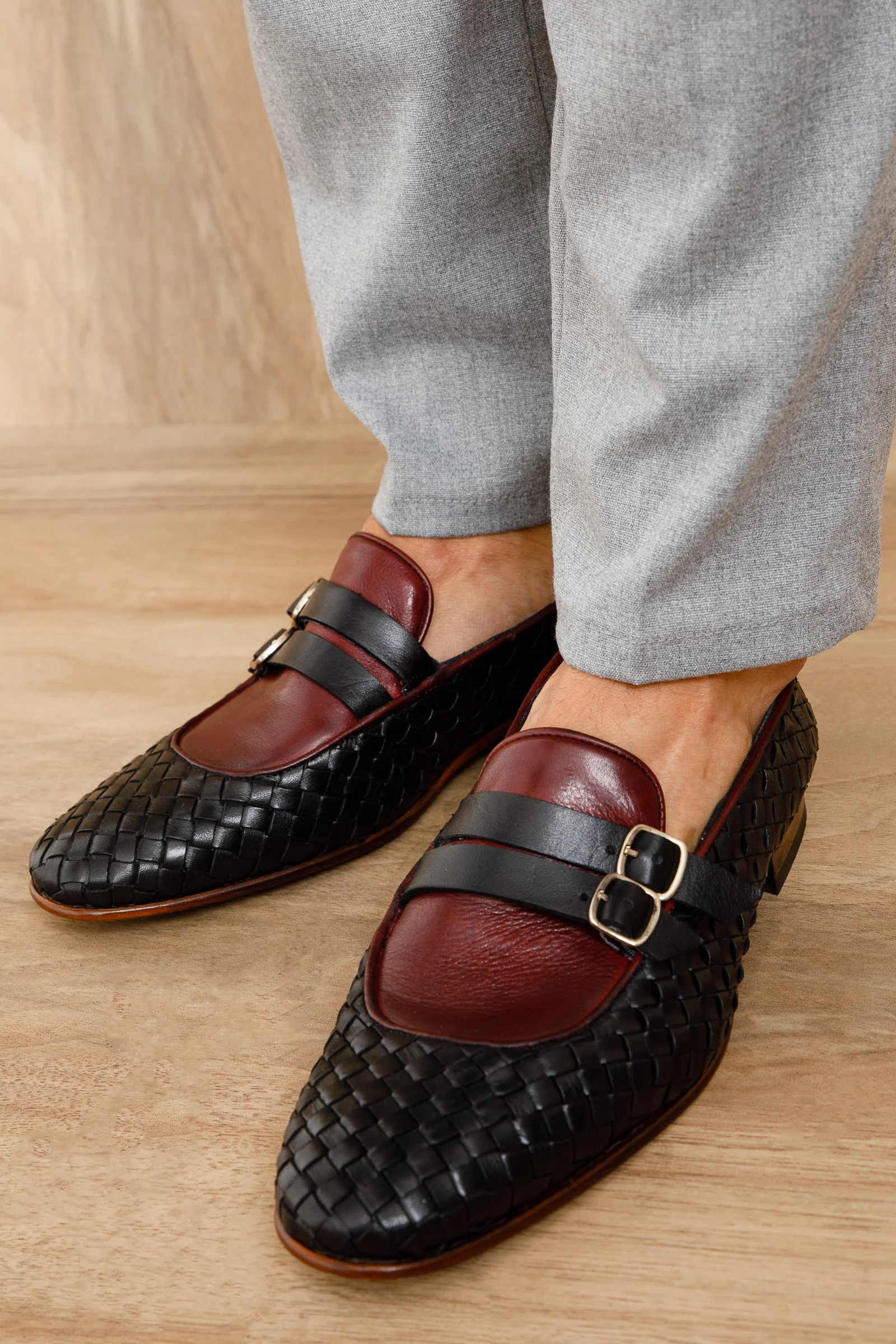 The Vatra Black & Burgundy Woven Double Monk Strap Men Shoe - Image 11