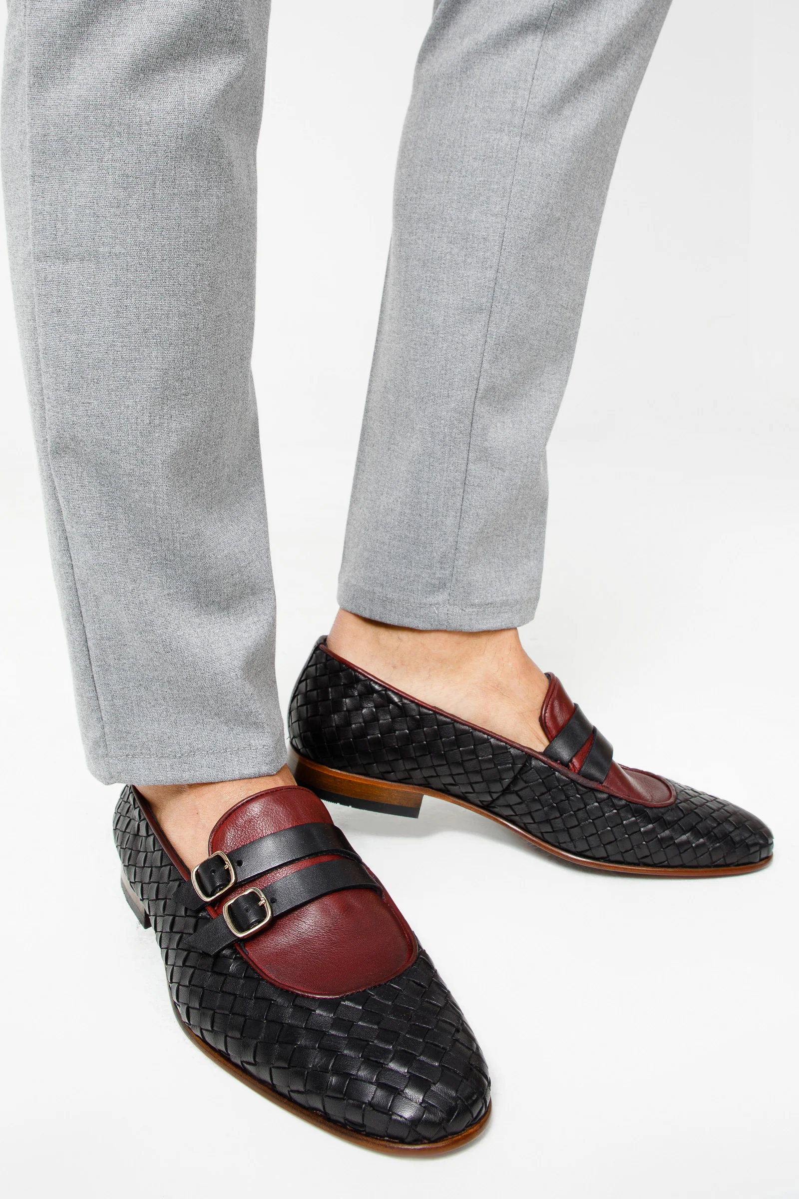 The Vatra Black & Burgundy Woven Double Monk Strap Men Shoe - Image 9