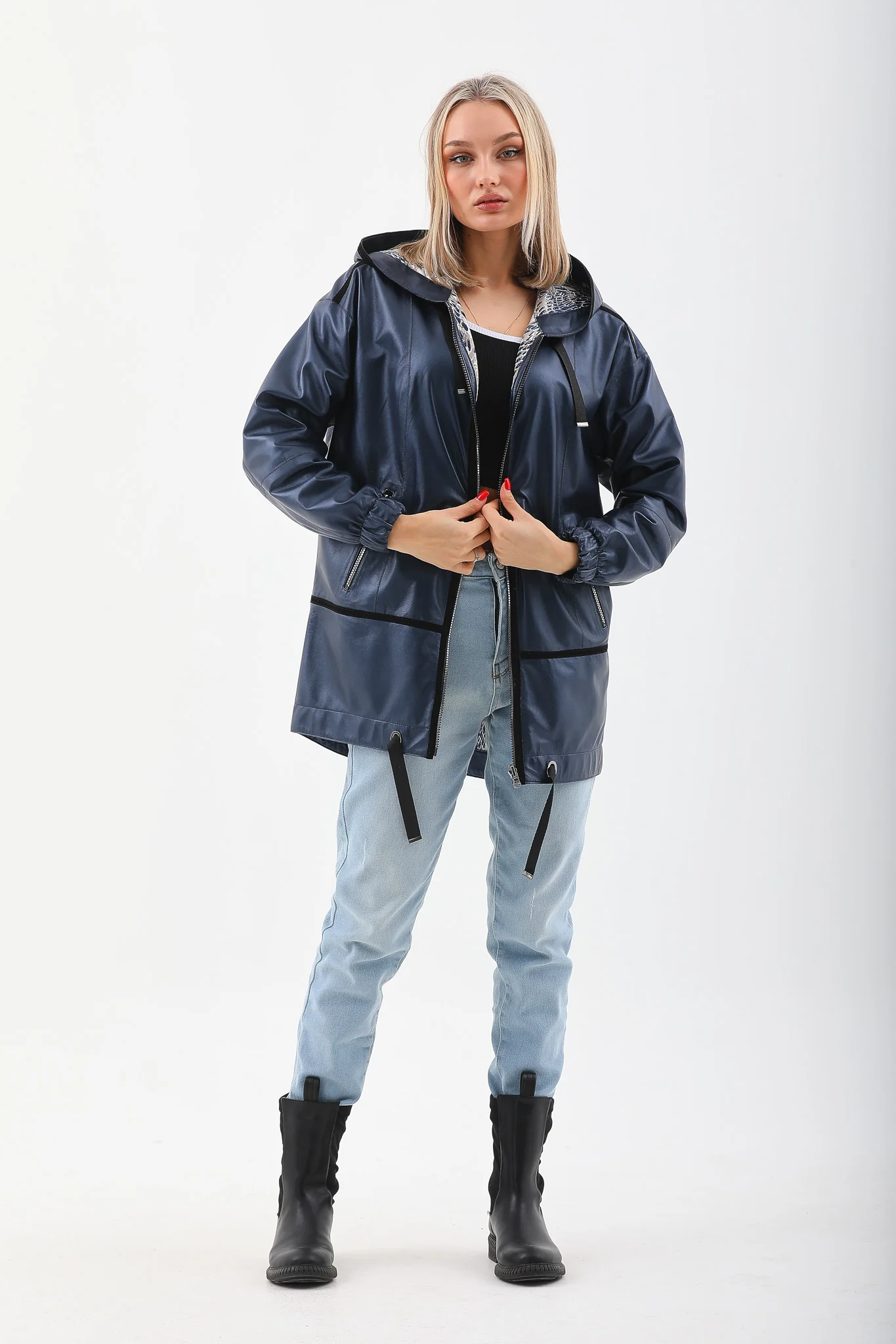 The Vega Navy Reversible Leather Women Jacket - Image 2