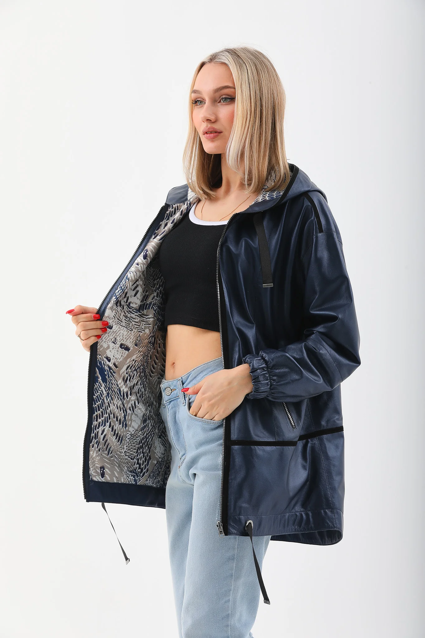 The Vega Navy Reversible Leather Women Jacket - Image 4