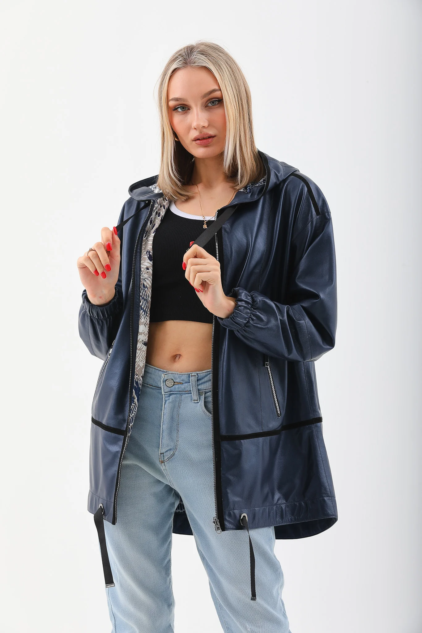 The Vega Navy Reversible Leather Women Jacket - Image 8