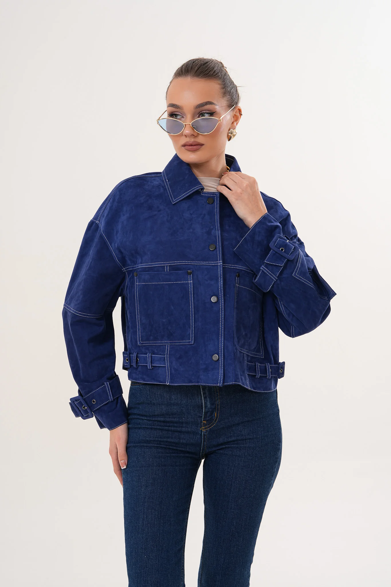 The Velmira Reversible Navy Blue Suede Leather Jacket - Image 11