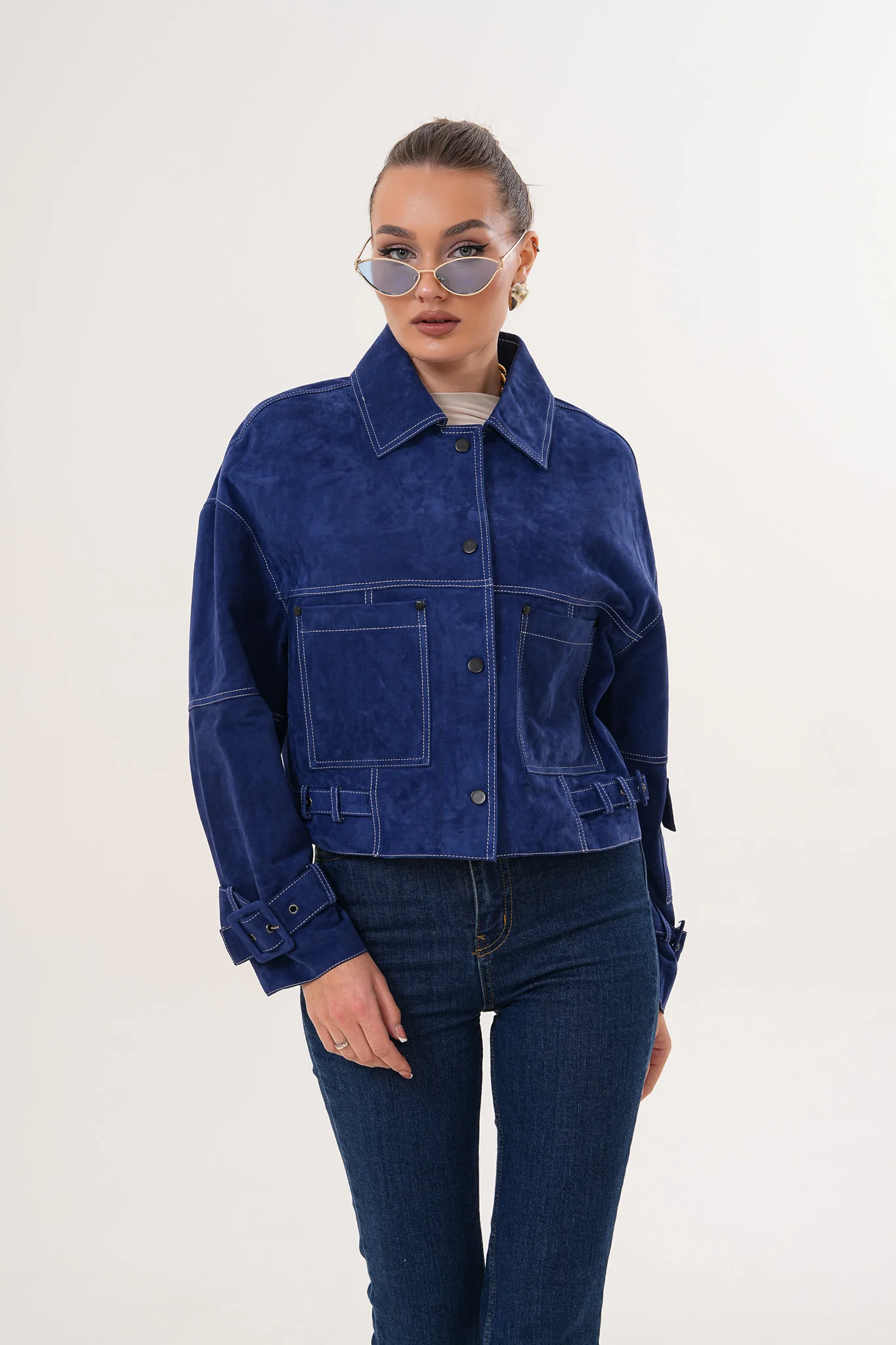 The Velmira Reversible Navy Blue Suede Leather Jacket - Image 12