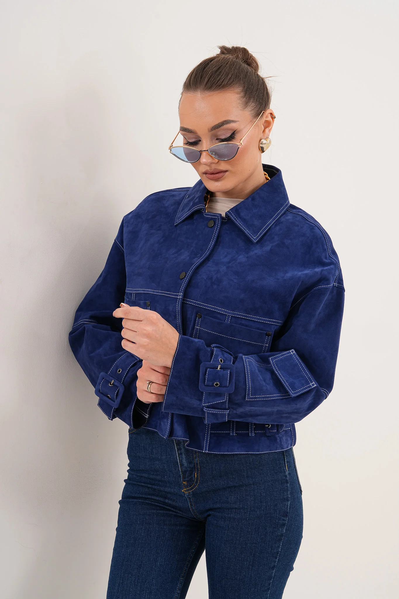 The Velmira Reversible Navy Blue Suede Leather Jacket - Image 13