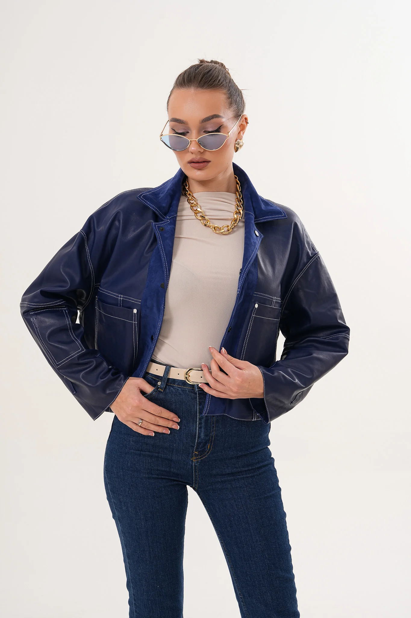 The Velmira Reversible Navy Blue Suede Leather Jacket - Image 2