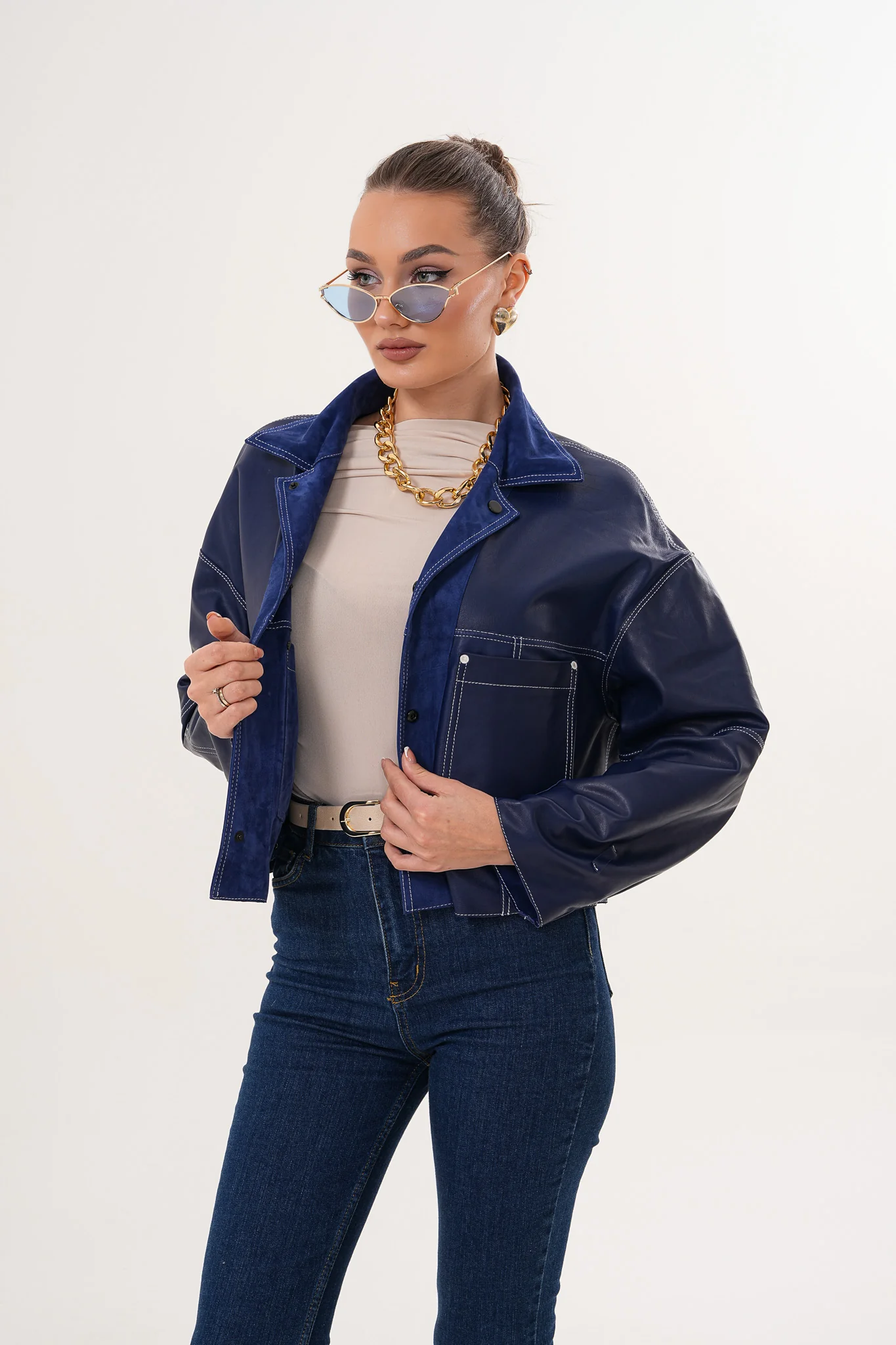 The Velmira Reversible Navy Blue Suede Leather Jacket - Image 3