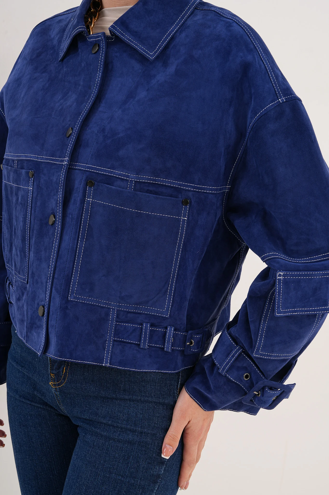 The Velmira Reversible Navy Blue Suede Leather Jacket - Image 4