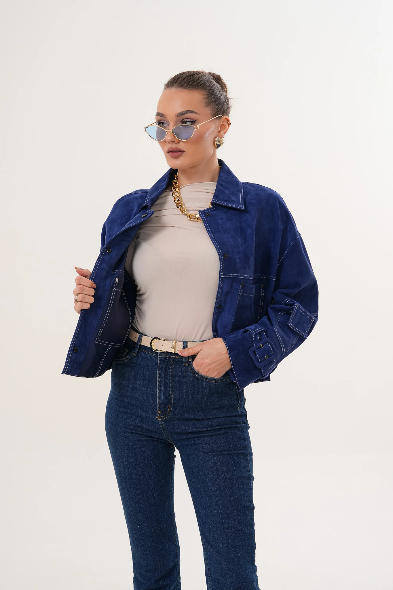 The Velmira Reversible Navy Blue Suede Leather Jacket - Image 8