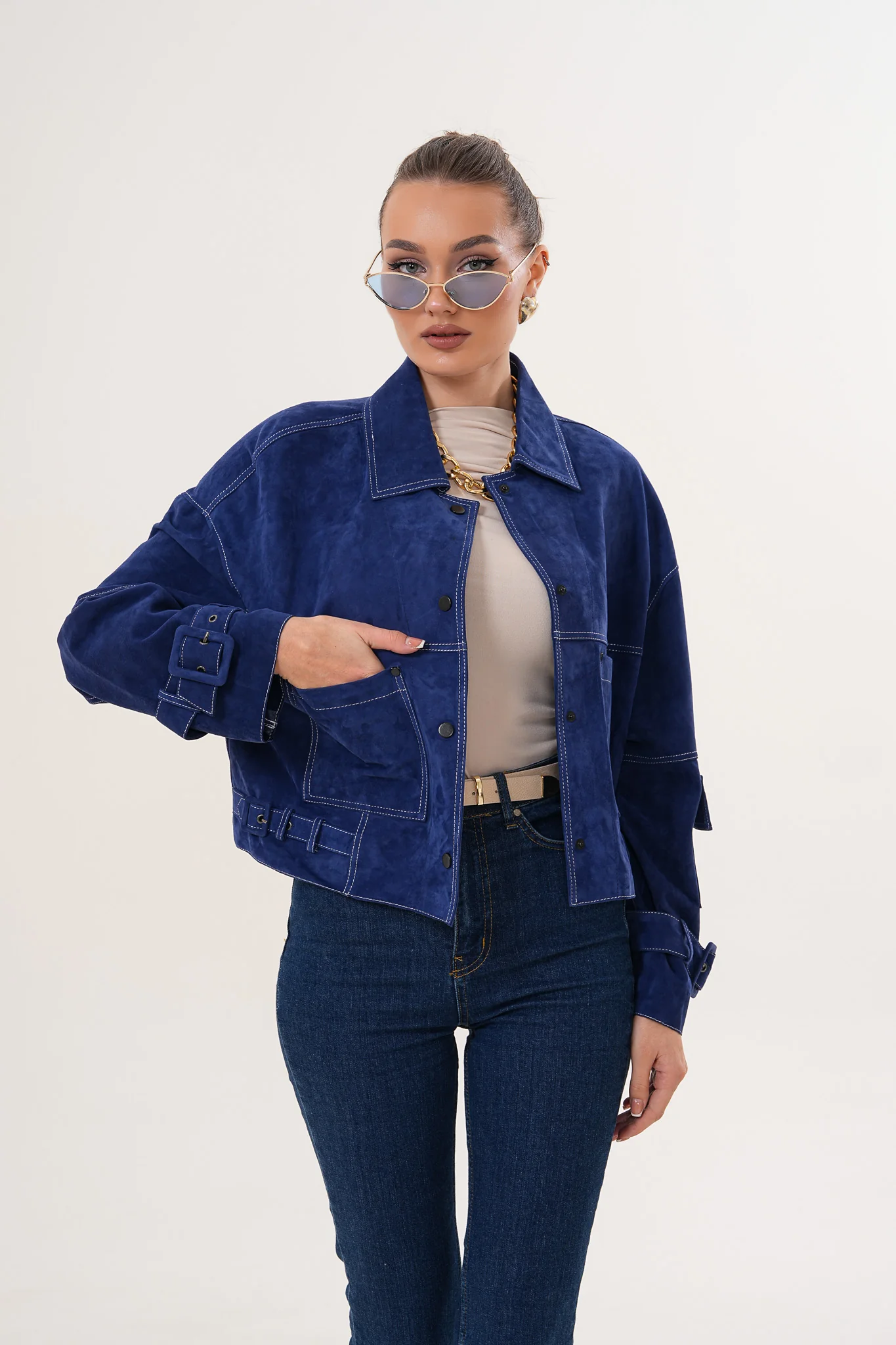 The Velmira Reversible Navy Blue Suede Leather Jacket - Image 9