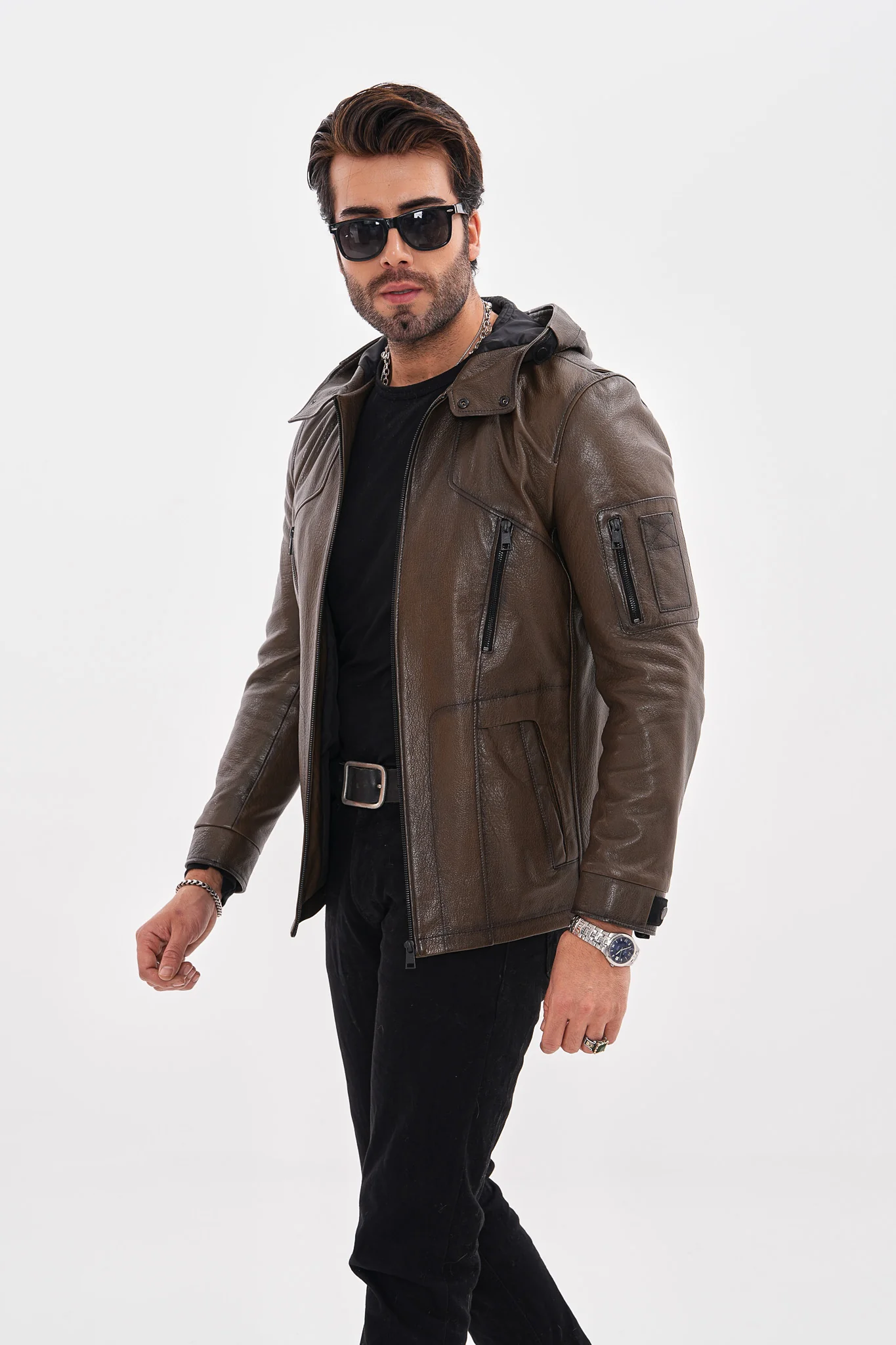 The Veneto Khaki Leather Hooded Men Jacket - Image 2