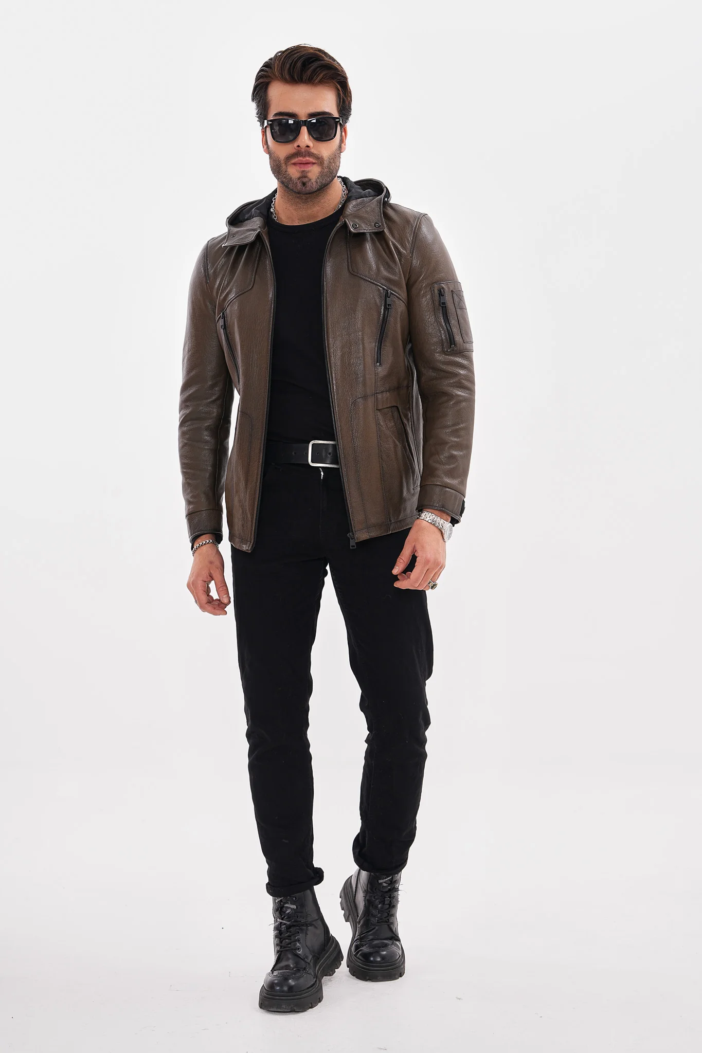 The Veneto Khaki Leather Hooded Men Jacket - Image 3