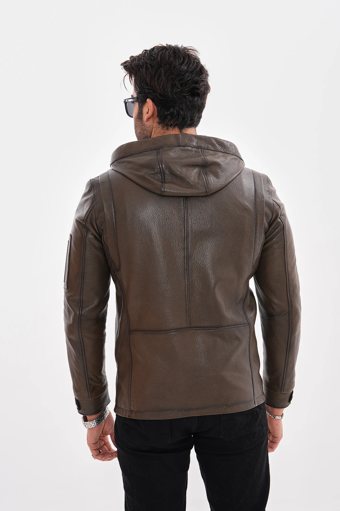 The Veneto Khaki Leather Hooded Men Jacket - Image 4