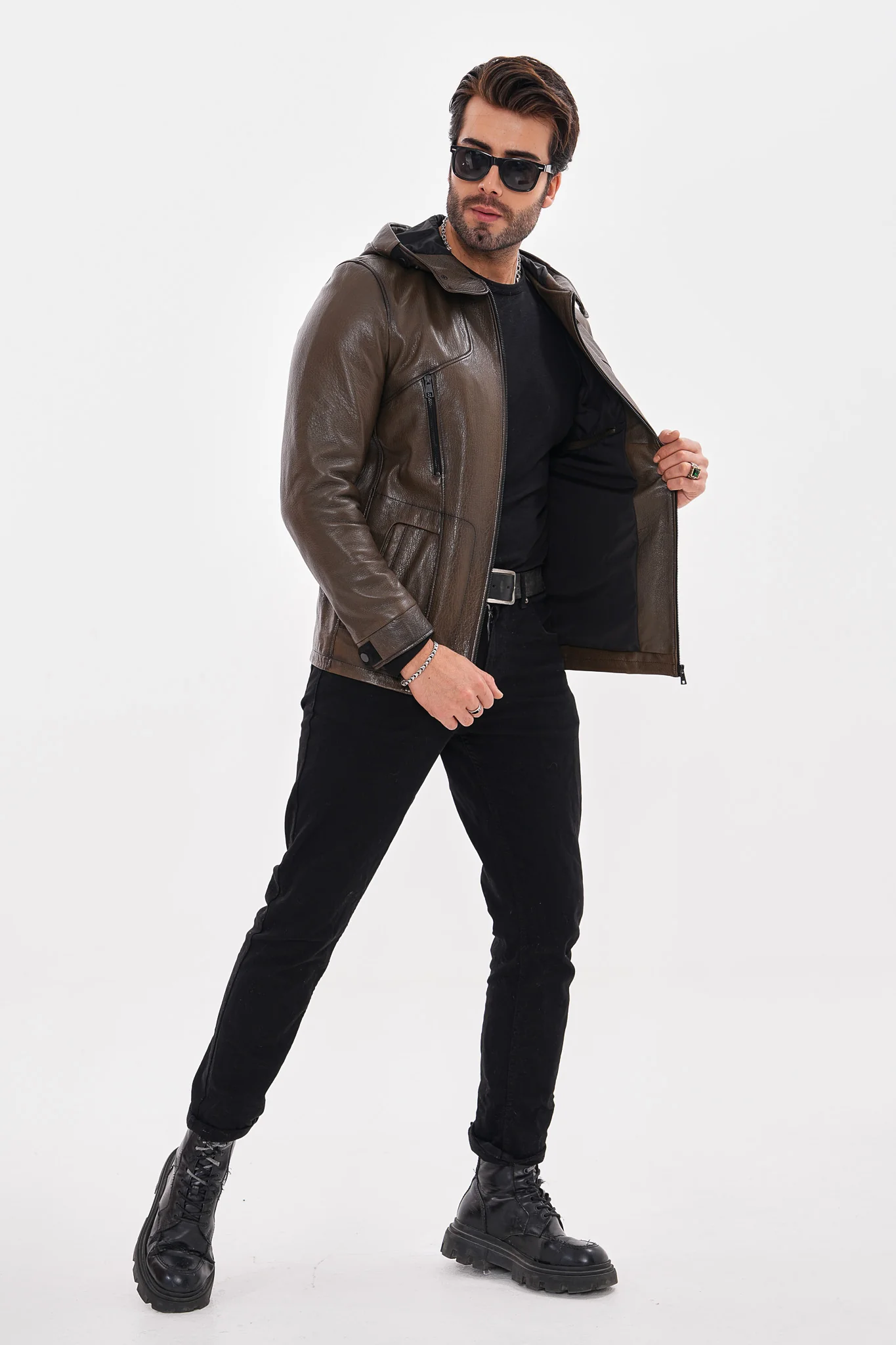The Veneto Khaki Leather Hooded Men Jacket - Image 6