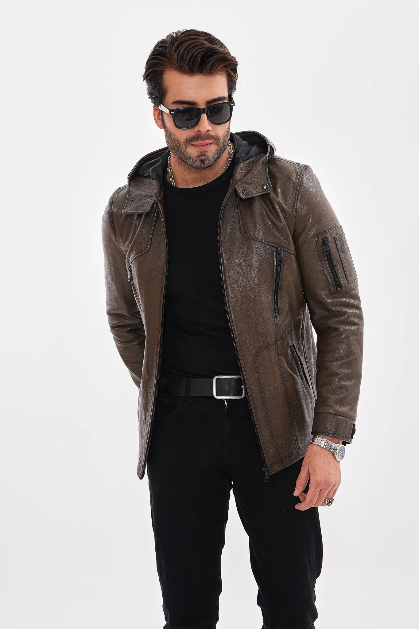 The Veneto Khaki Leather Hooded Men Jacket - Image 7