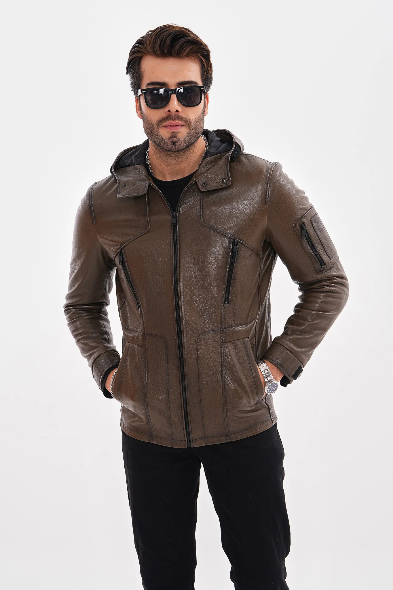 The Veneto Khaki Leather Hooded Men Jacket - Image 8