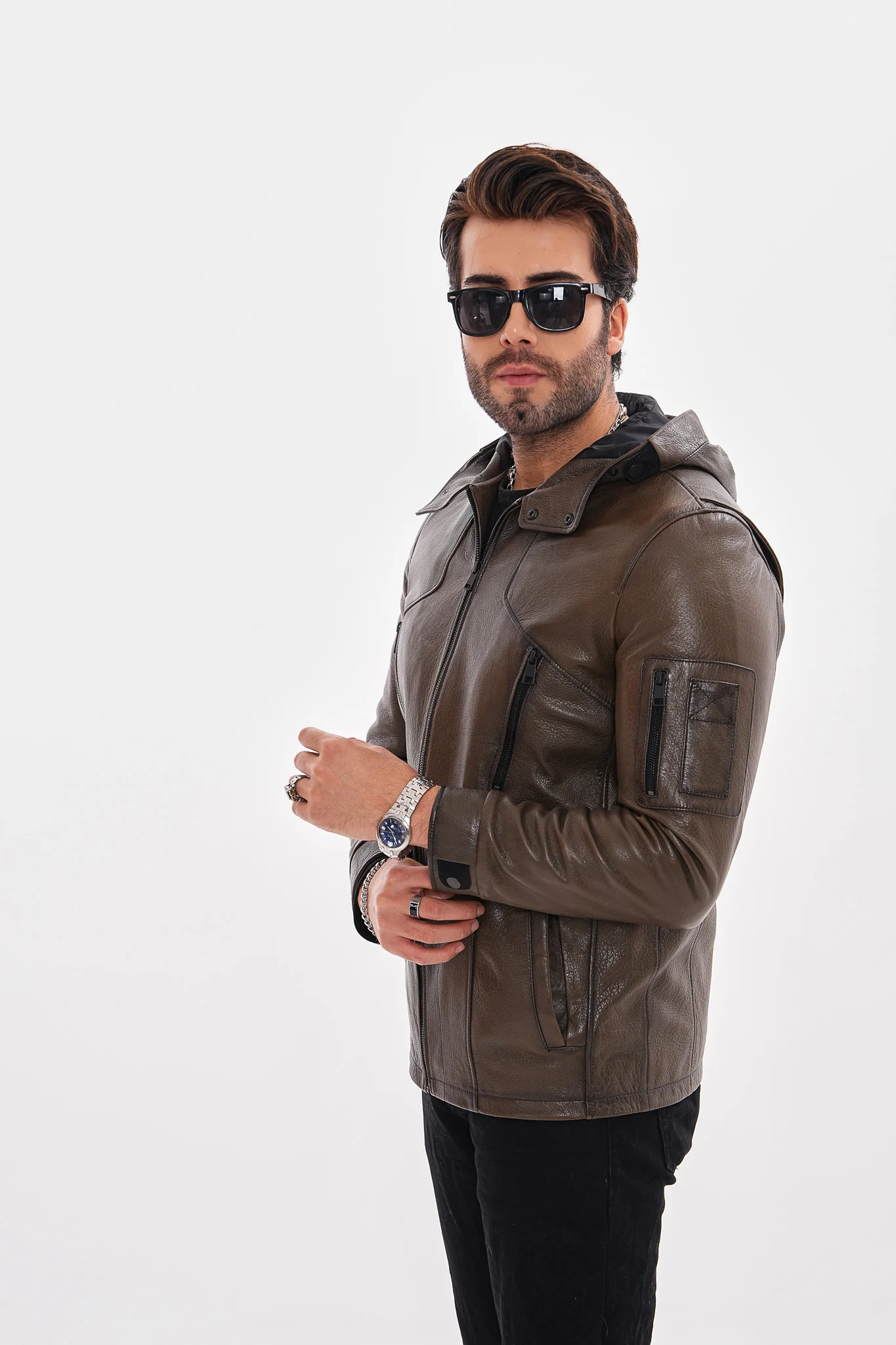The Veneto Khaki Leather Hooded Men Jacket - Image 9