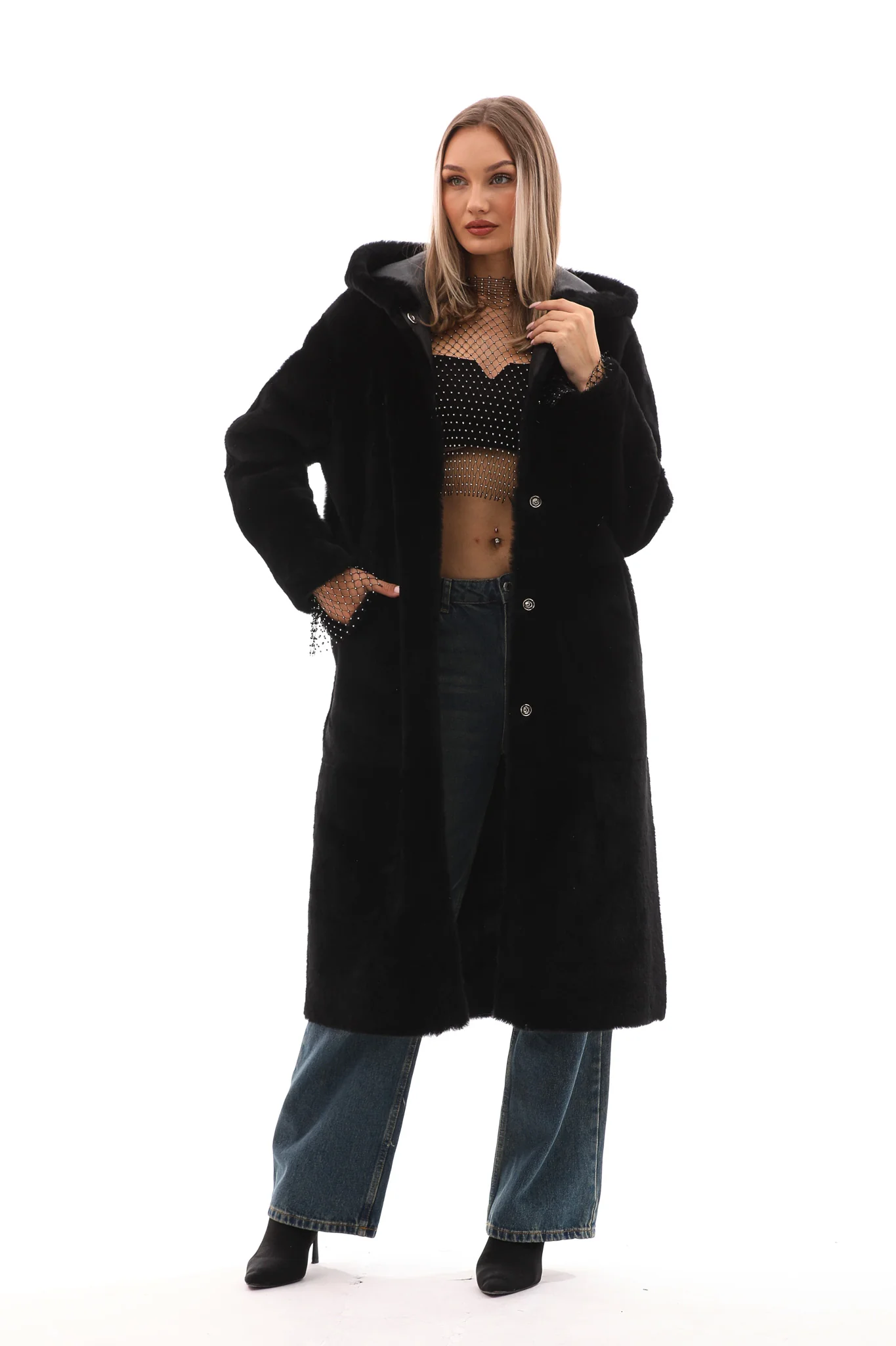 The Virella Reversible Hooded Shearling Leather Jacket - Image 9