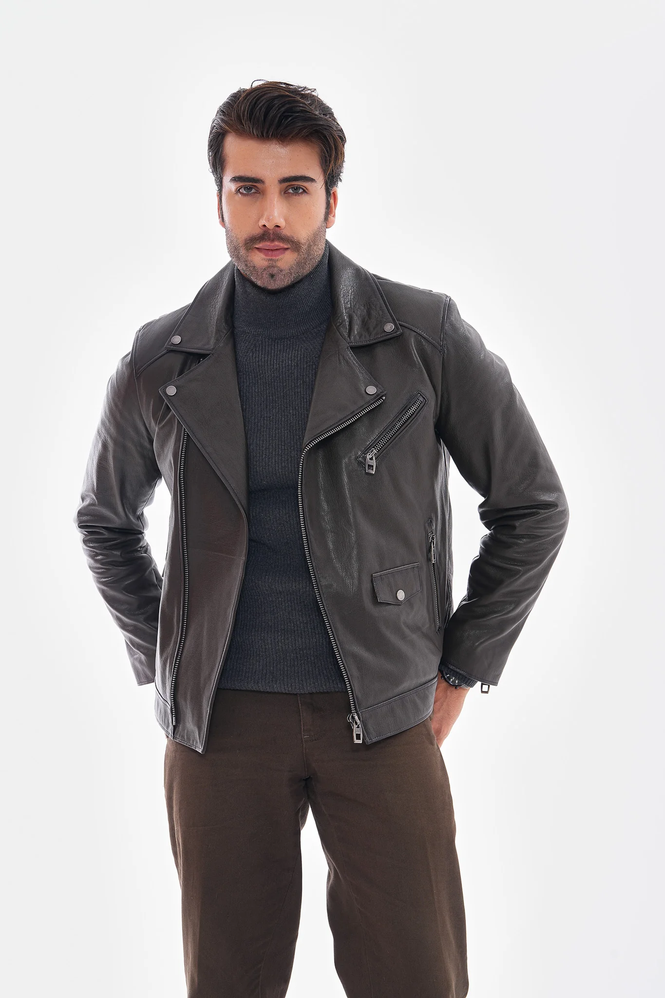 The Volt Textured Charcoal Leather Men Jacket - Image 5