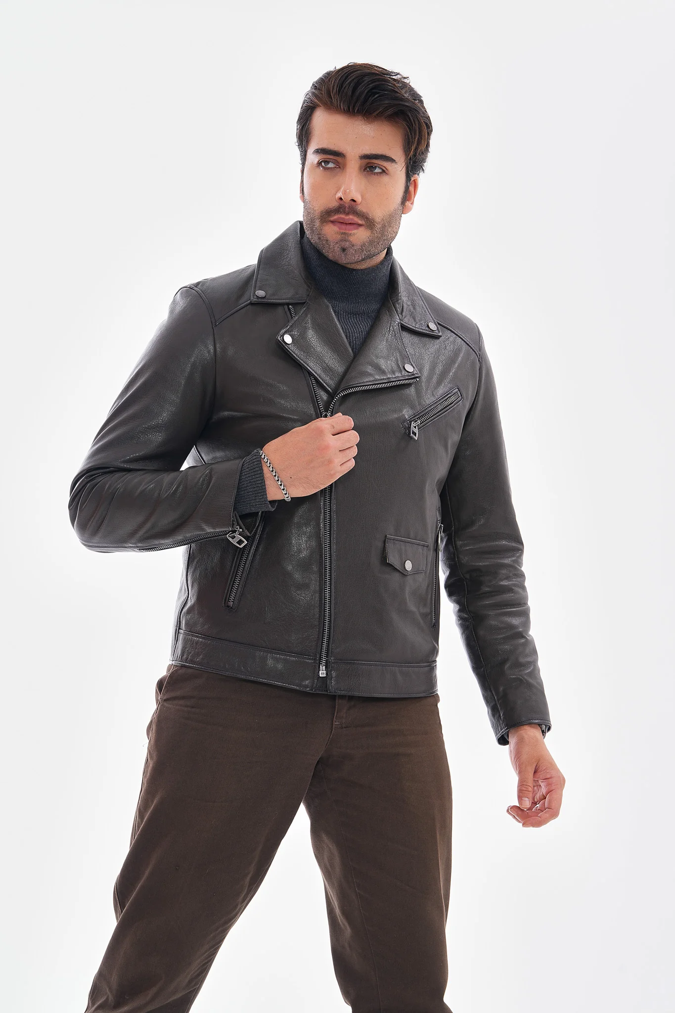 The Volt Textured Charcoal Leather Men Jacket - Image 8