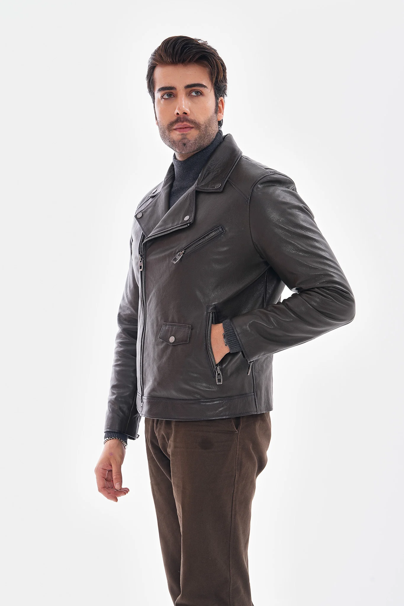 The Volt Textured Charcoal Leather Men Jacket - Image 9