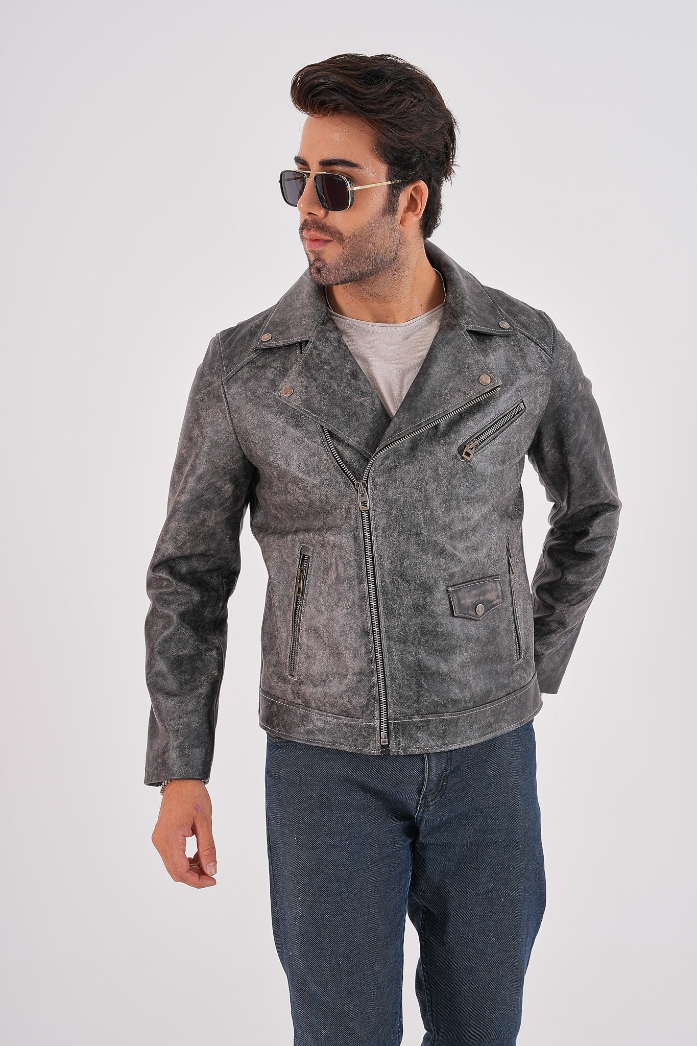 The Volt Textured Distressed Grey Leather Men Jacket - Image 10