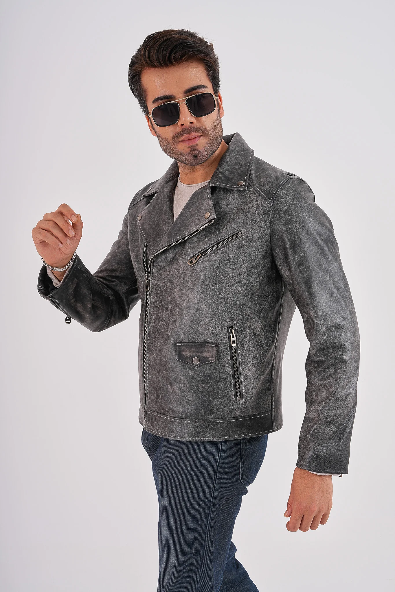 The Volt Textured Distressed Grey Leather Men Jacket - Image 2