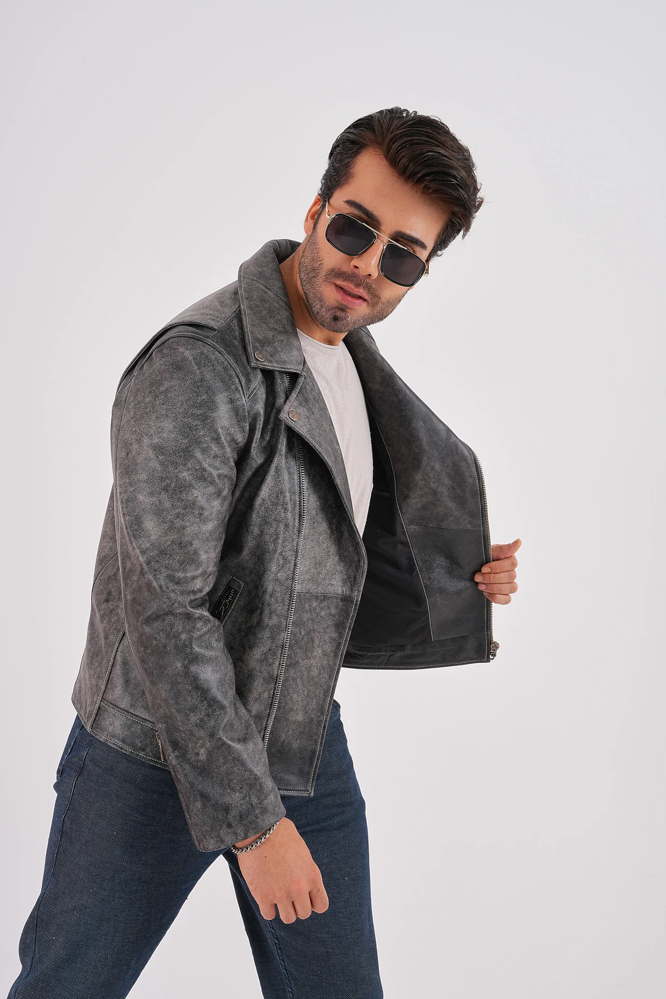 The Volt Textured Distressed Grey Leather Men Jacket - Image 6