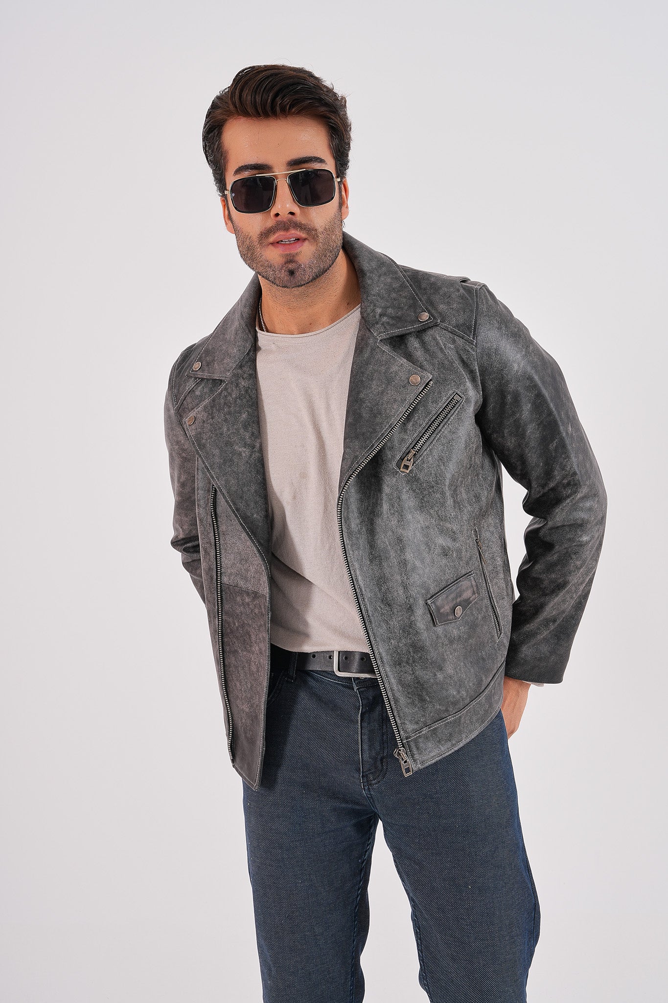 The Volt Textured Distressed Grey Leather Men Jacket - Image 7